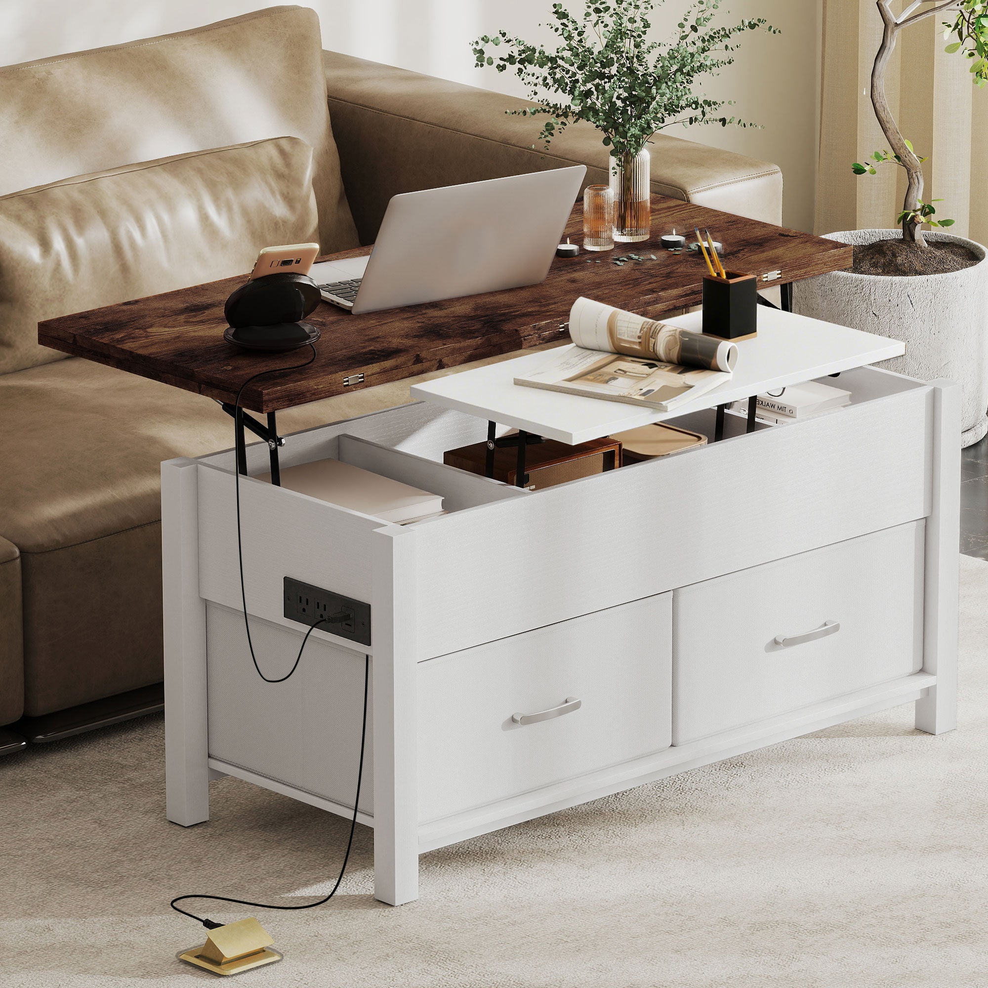 Lift Top Coffee Table, Center Table with 3 Hidden Compartments, 2 Fabric Drawers, Expandable Top and Charging Station
