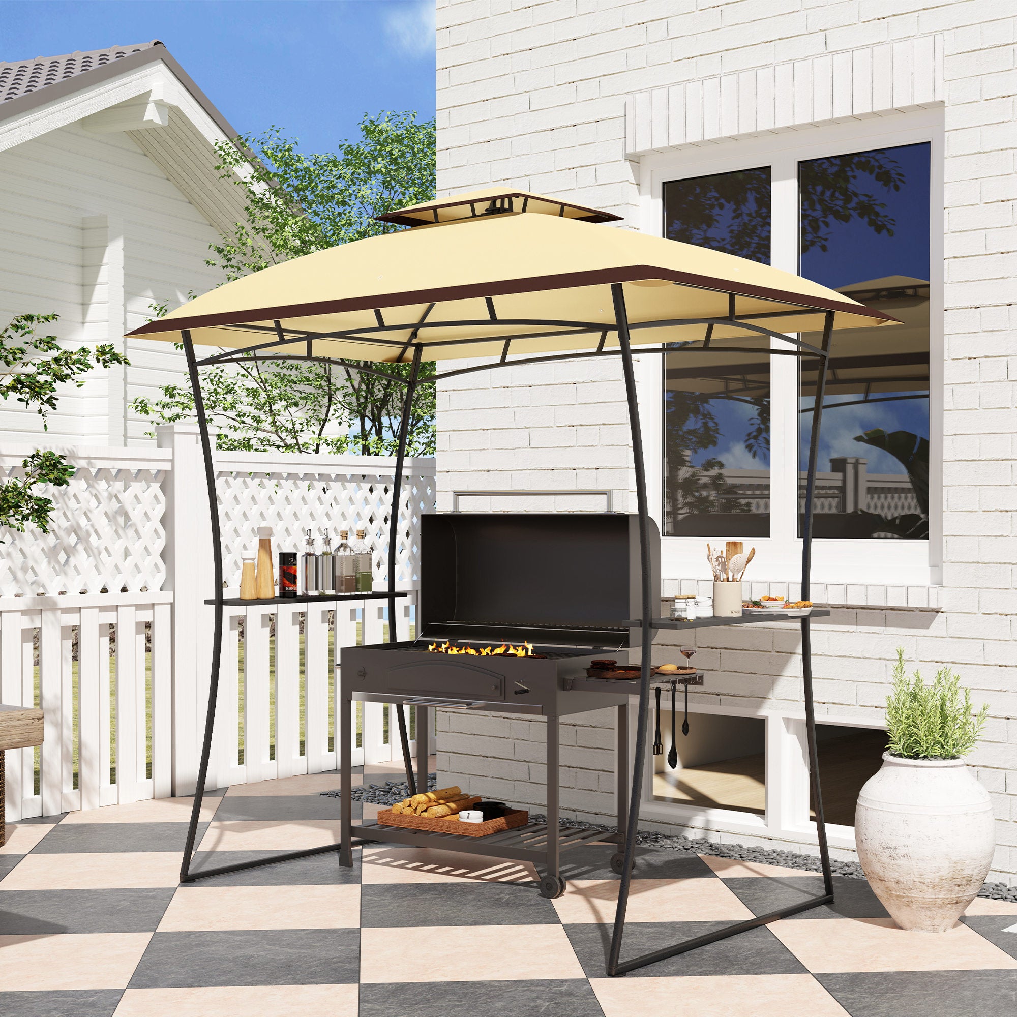 8' x 5' Outdoor Grill Gazebo, Double Tiered Barbecue Grill Gazebo Shelter with 2 Side Shelves and Hook, Beige