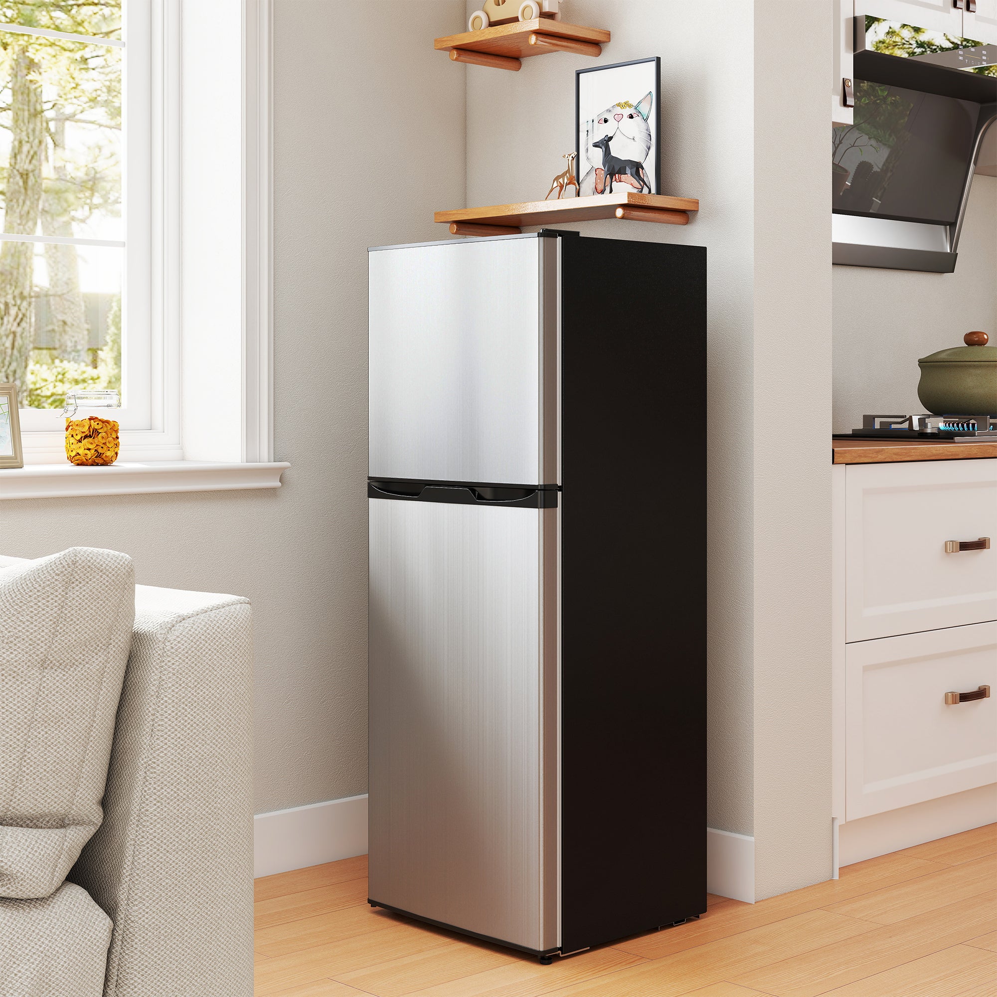 Double Door Mini Fridge with Freezer, 4.6 Cu.Ft Small Refrigerator with Thermostat, Shelves, Reversible Door, Silver