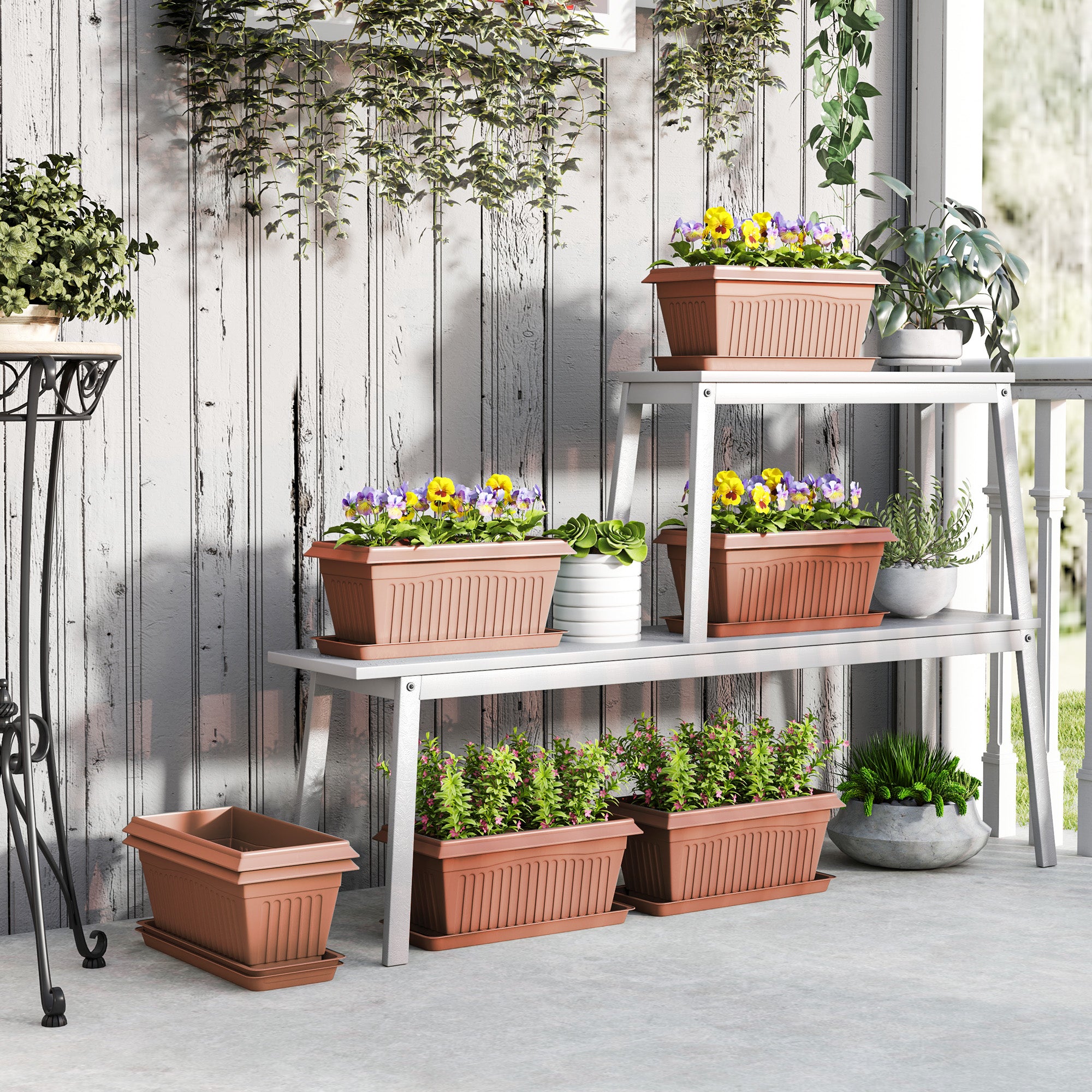 7 Pack 15.7" Plastic Flower Planters with Drainage Holes and Trays, Plant Pots for Indoor Outdoor Plants, Brown