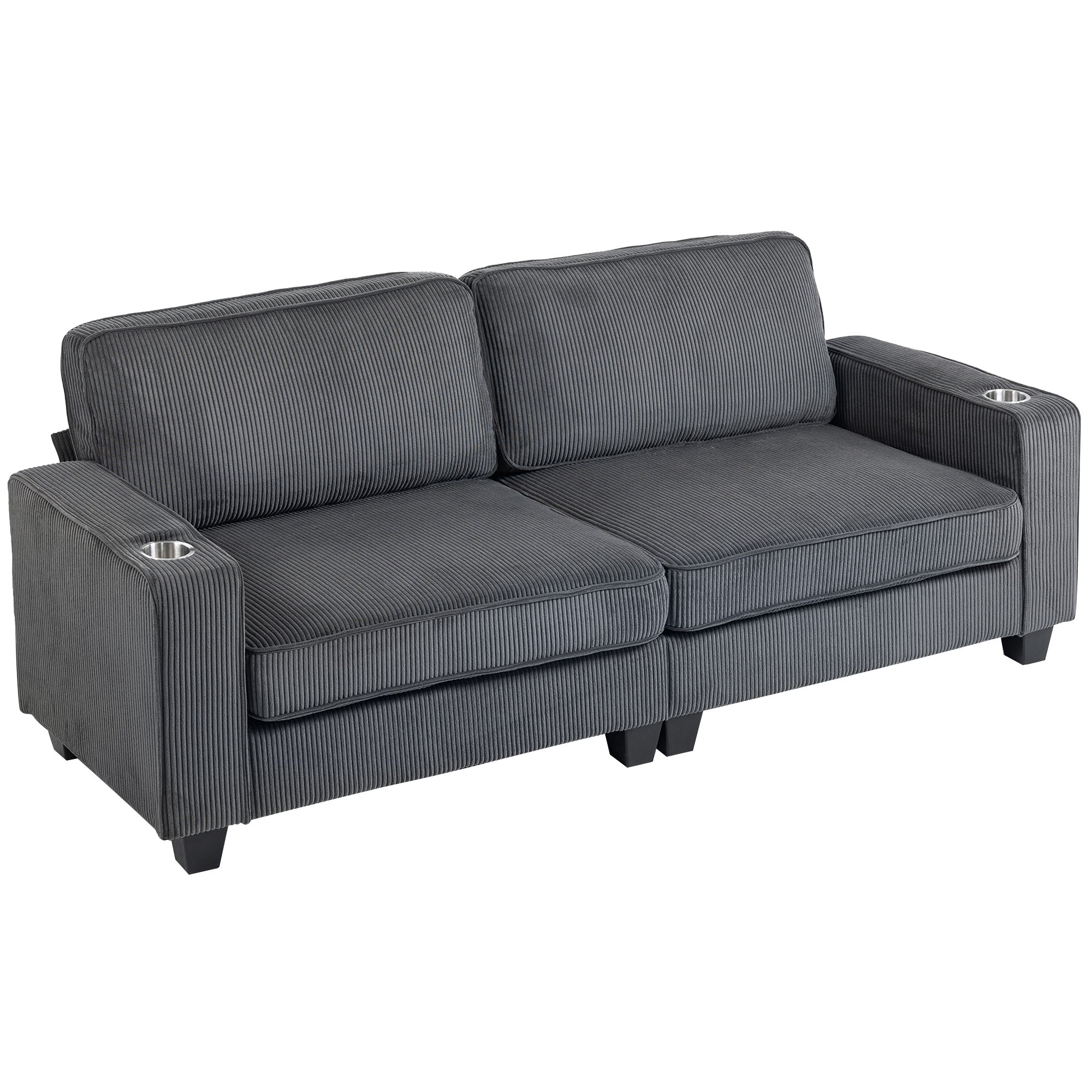 Three Seater Sofa, Fabric 3 Seater Couch with Spring Cushion and Cup Holders for Living Room, Bedroom, Dark Grey