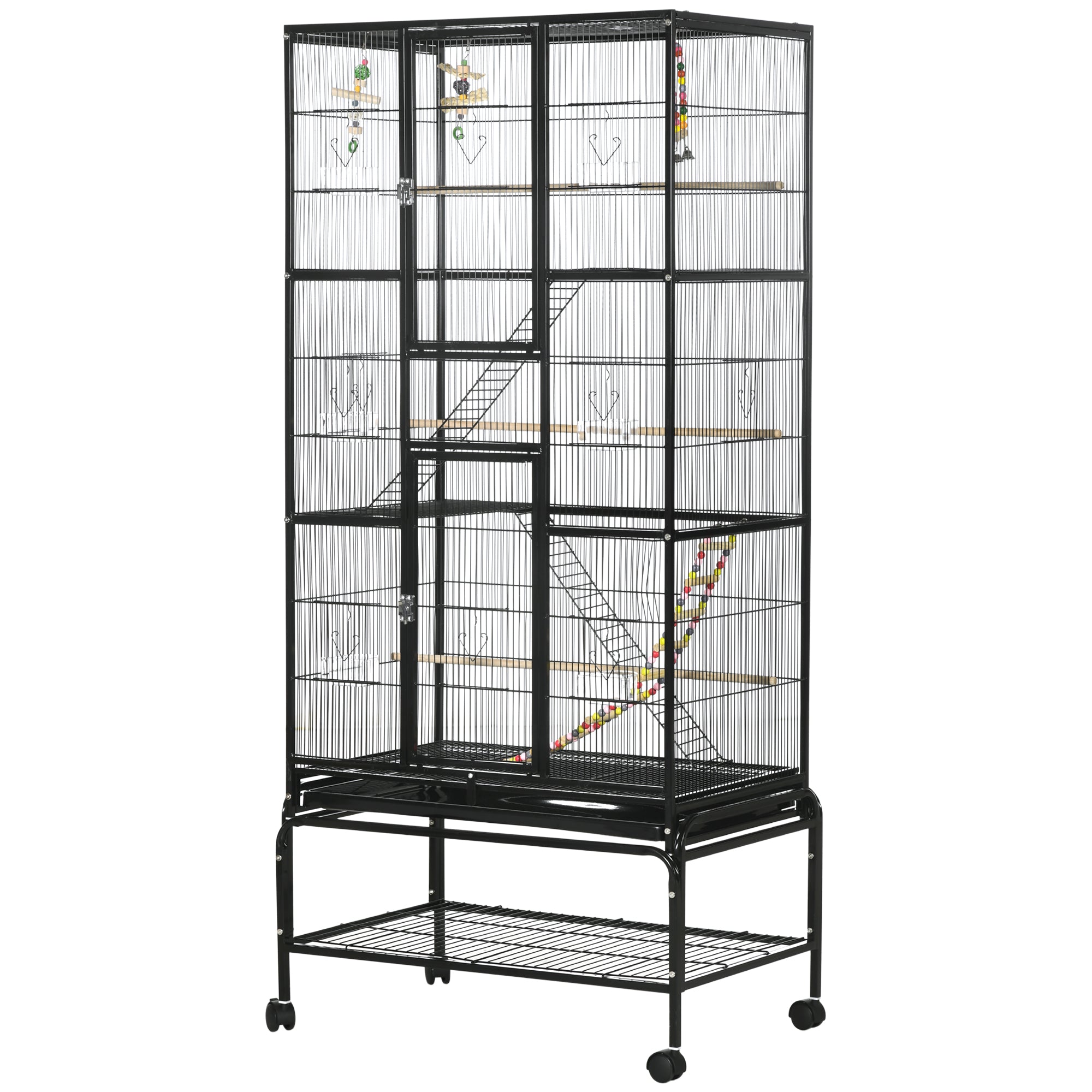 71" Bird Cage with Wheels Perches, Ramp, Storage Shelf, Toys for Canaries, Finches, Cockatiels, Parakeets, Black