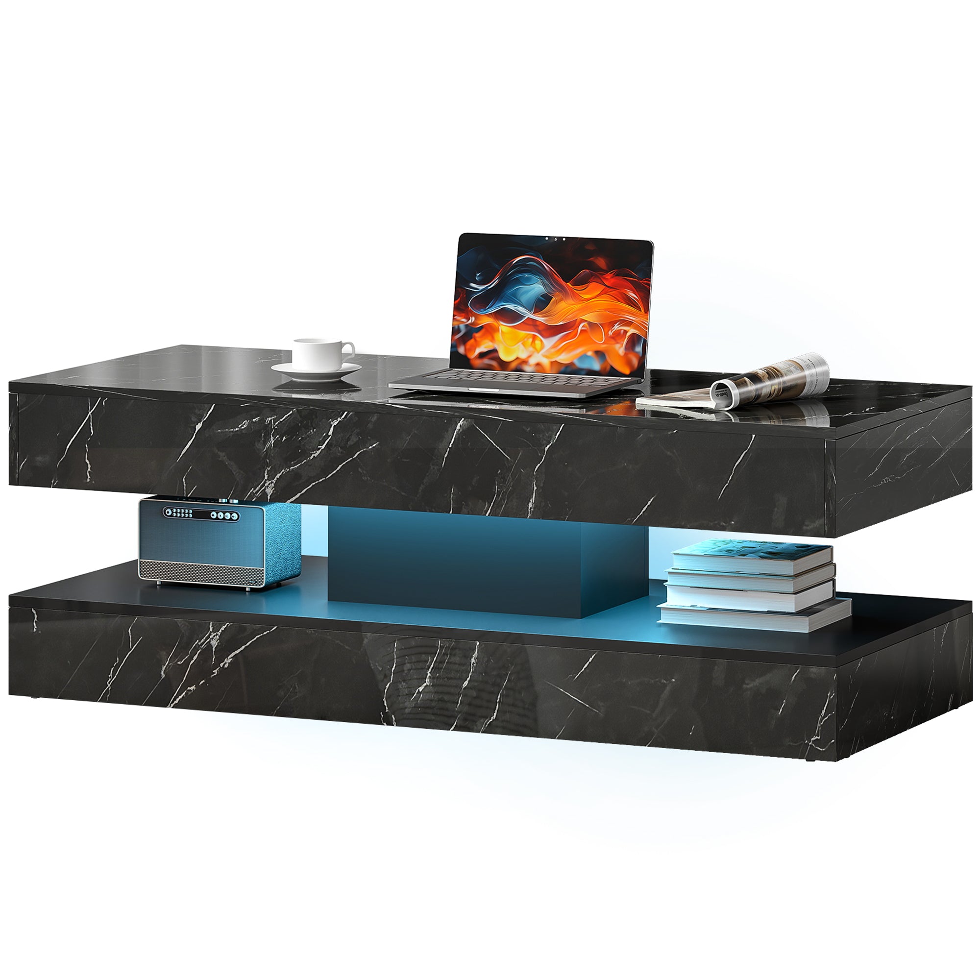 Coffee Table with Adjustable LED Lights, Center Table with 2 Drawers, Open Shelf, Remote, High Gloss Marble-Effect Black