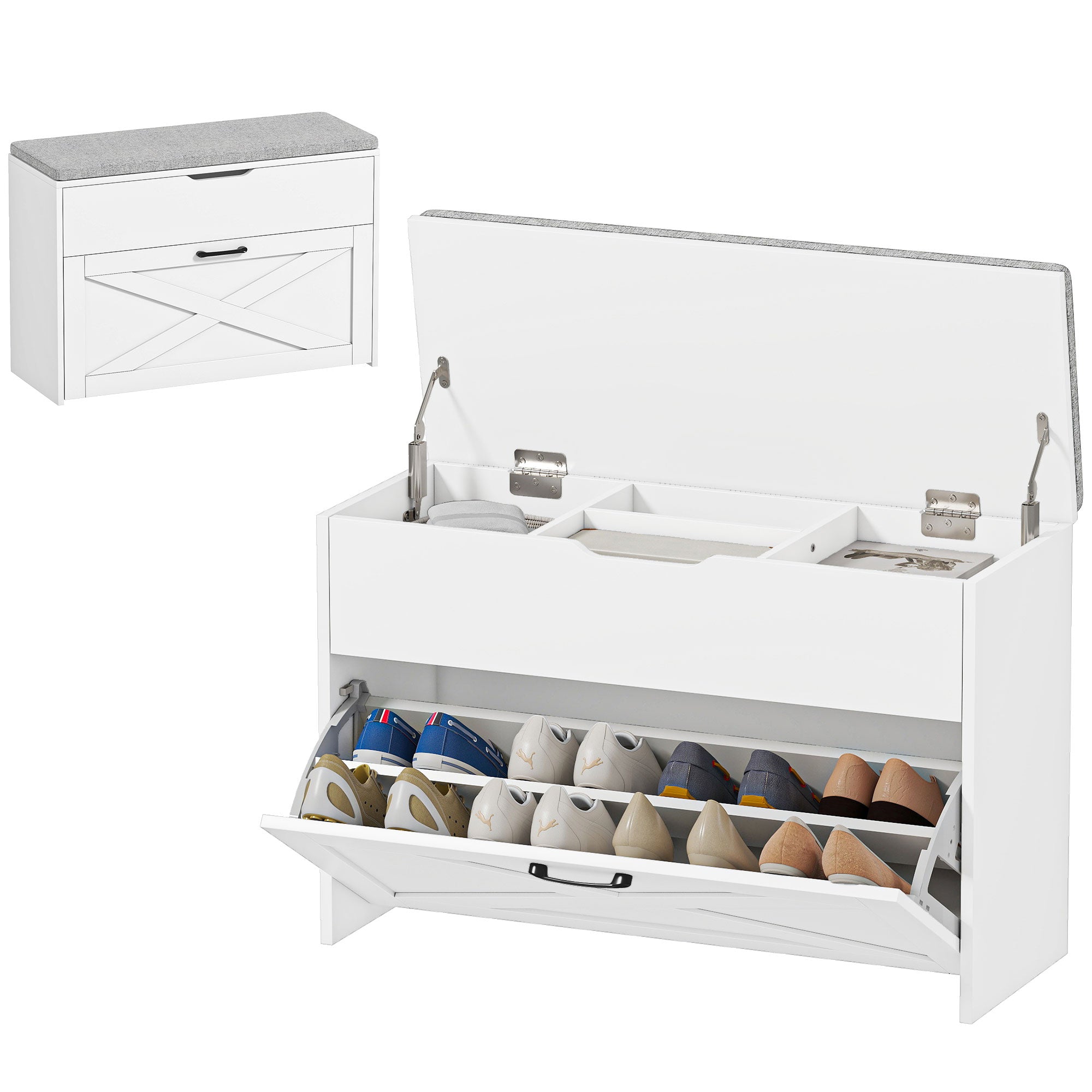 Shoe Storage Bench with Flip Drawer and Lift Top Storage, Entryway Bench with Seat Cushion for Hallway, White