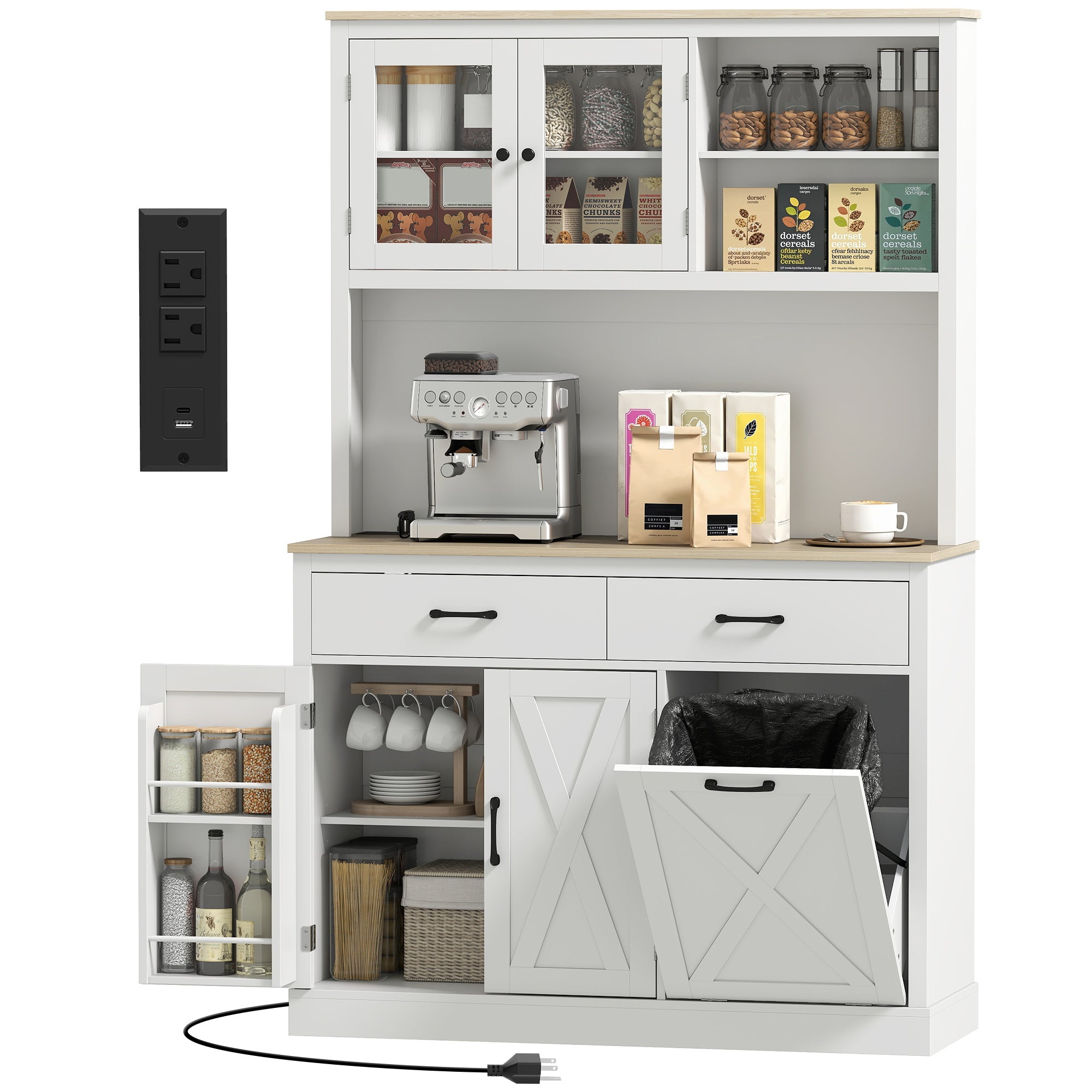 69" Pantry Cabinet with Charging Station, Kitchen Storage Cabinet with Microwave Stand, Tilt-Out Trash Can, White