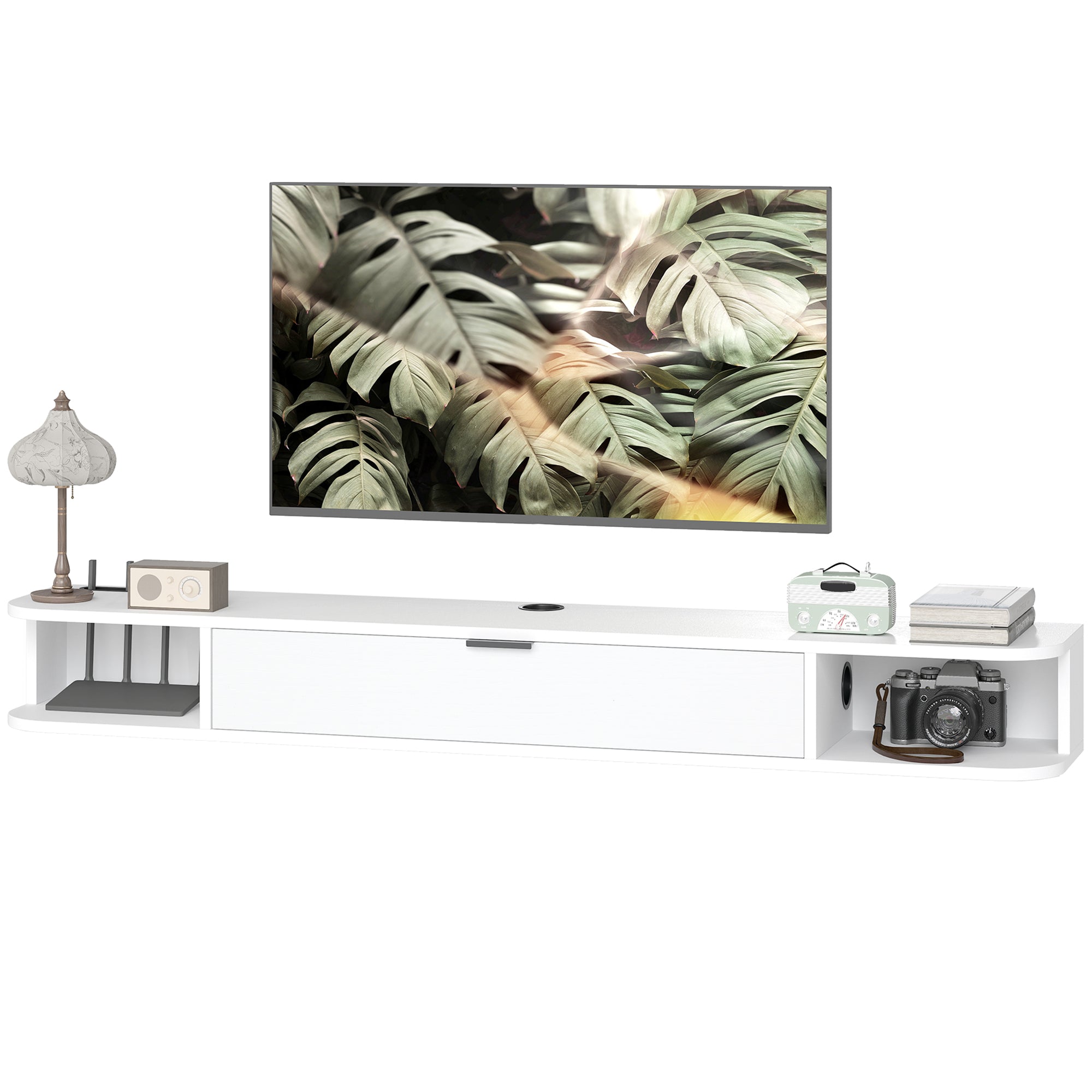 55" Floating TV Stand for TVs up to 60 Inch, Wall Mounted Media Console with Flip Drawer and 2 Open Shelves, White