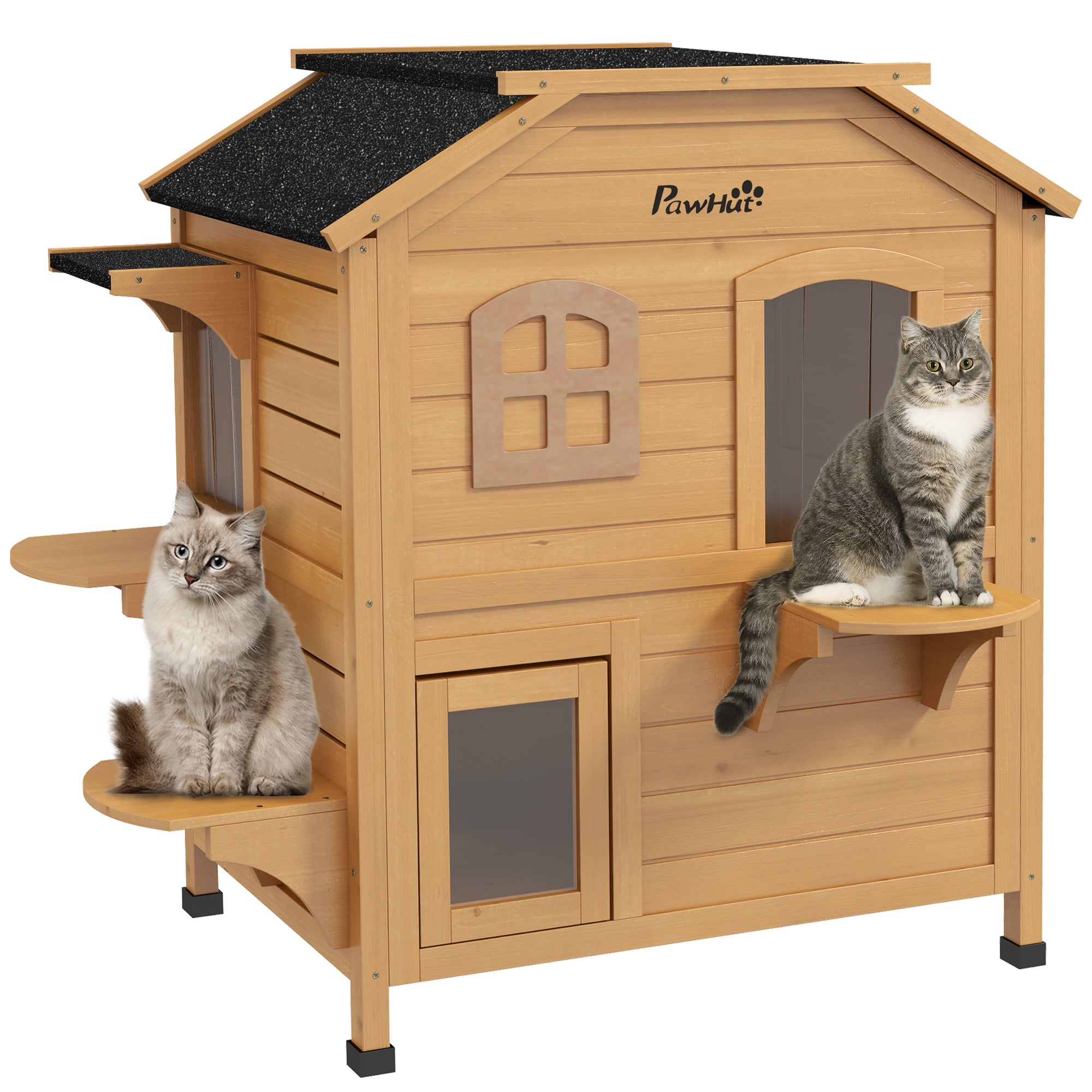 2-Storey Outdoor Cat House, Wooden Catio with Openable Roof, Lounge Space, Fun Entrances, for Feral Cats, Yellow