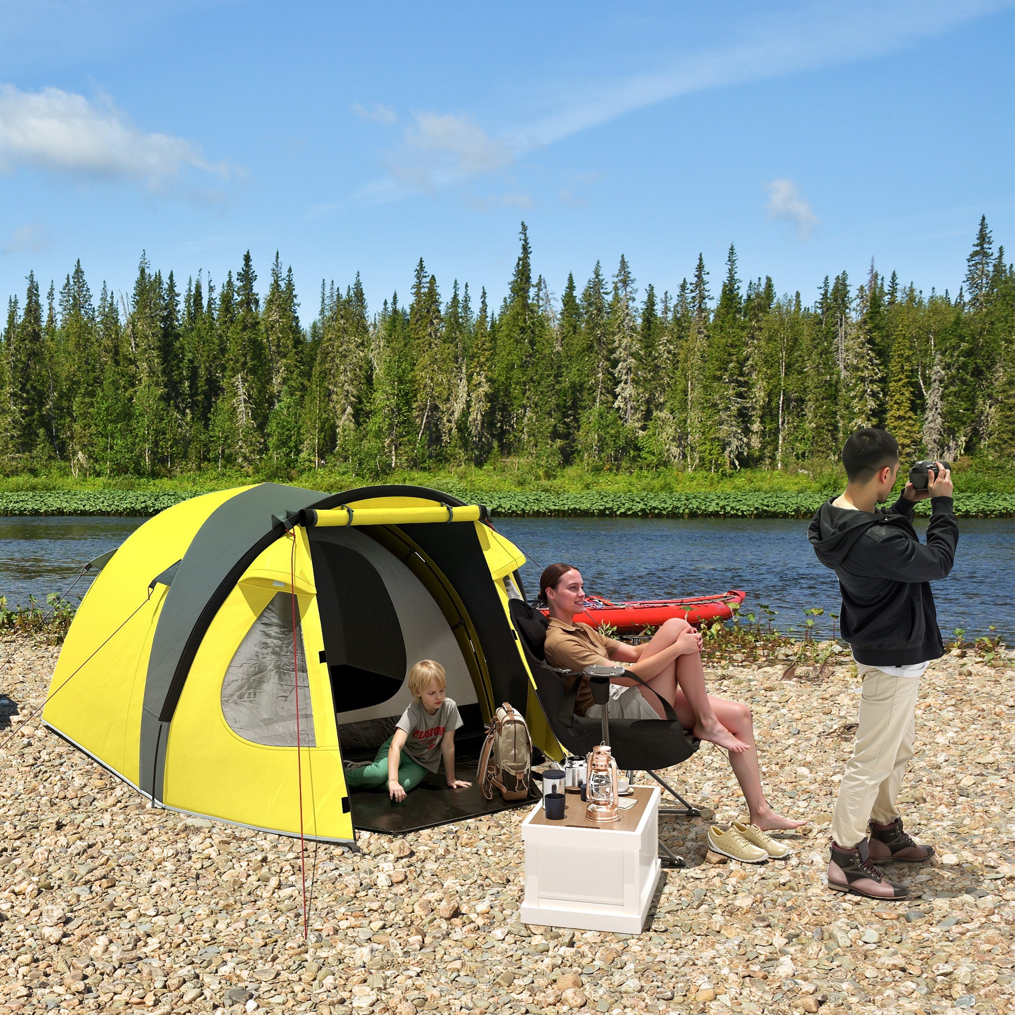 3-4 Person Camping Tent, Easy Set Up Dome Tent with Porch, Waterproof Family Tent with Bedroom and Sewn-in Groundsheet