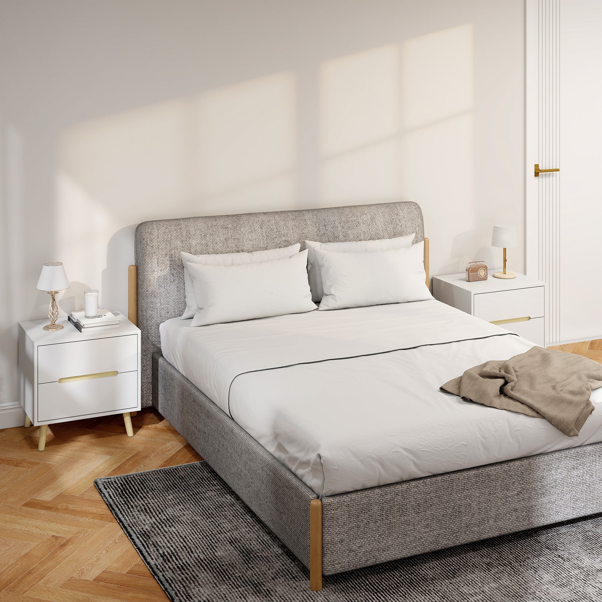 Nightstands Set of 2, Bedside Table with 2 Drawers, Modern Side End Table with Solid  Wood Legs for Bedroom, White