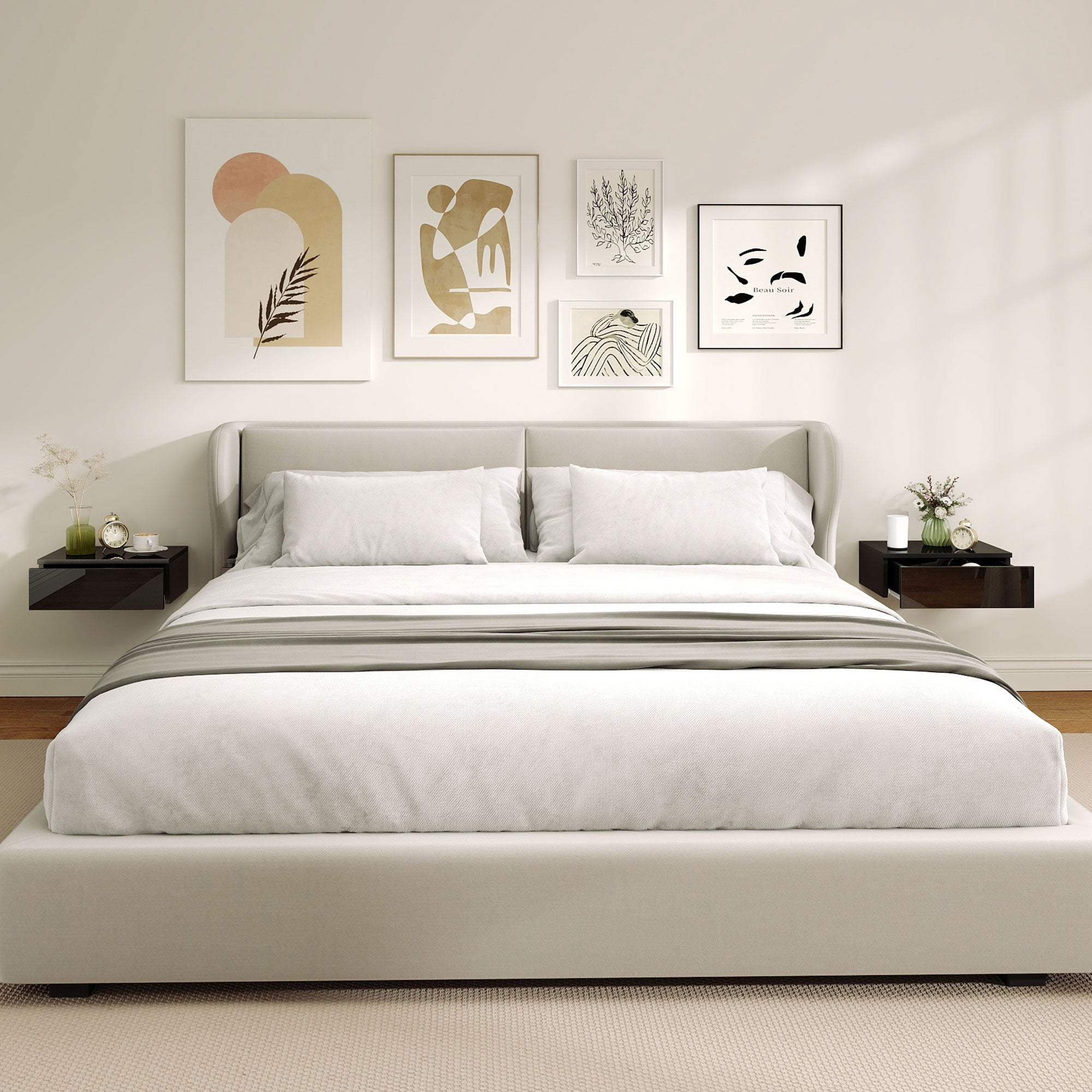 Set of 2 Wall Mounted Bedside Tables, High Gloss Floating Nightstands with Drawer for Bedroom, Black