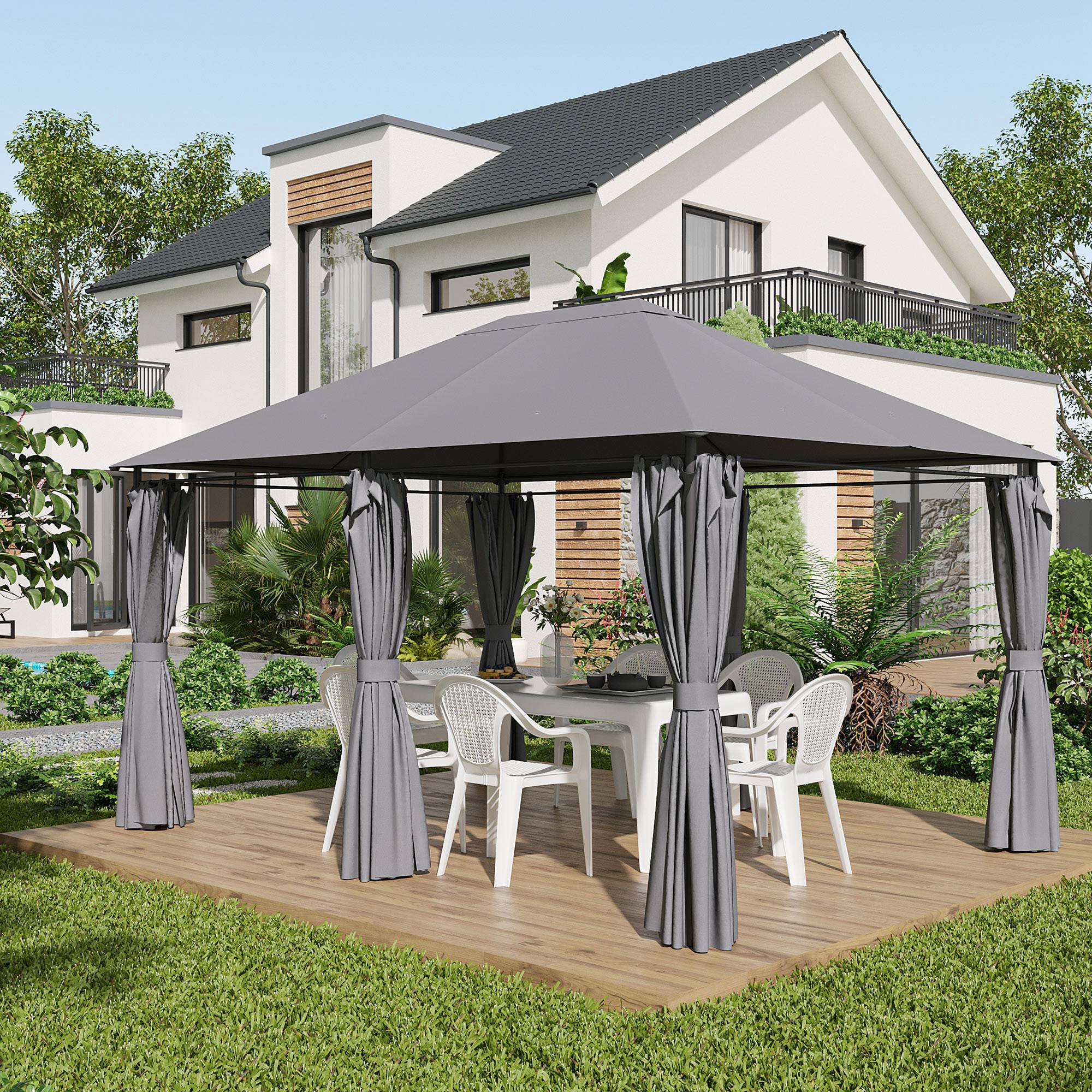 13'x 10' Soft-top Steel Patio Gazebo Canopy Party Tent with 6 Removable Curtains and Drainage Holes, Grey