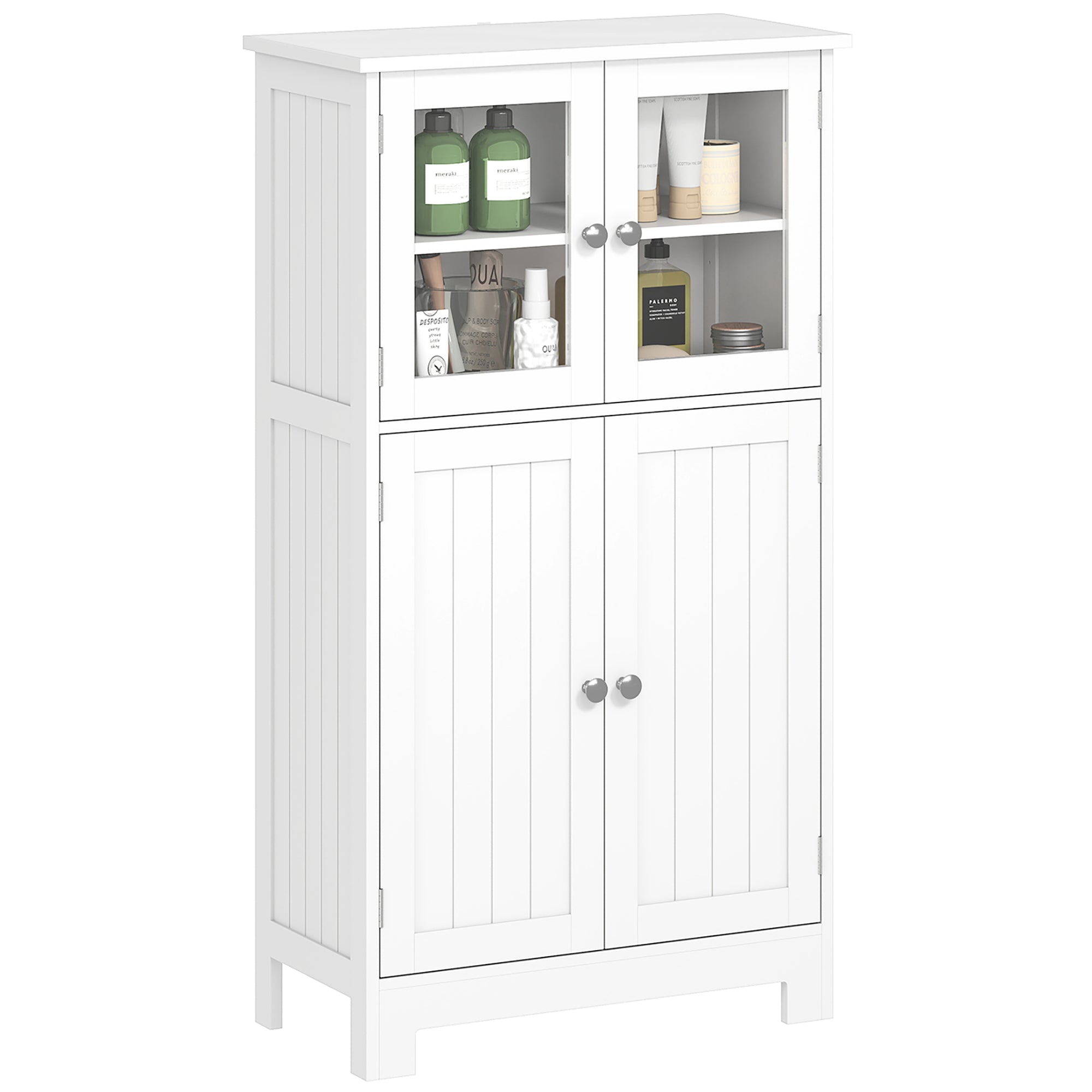 Bathroom Floor Storage Cabinet with Tempered Glass Doors and Adjustable Shelf, Kitchen Cupboard, Free Standing Organizer for Living Room Entryway, White