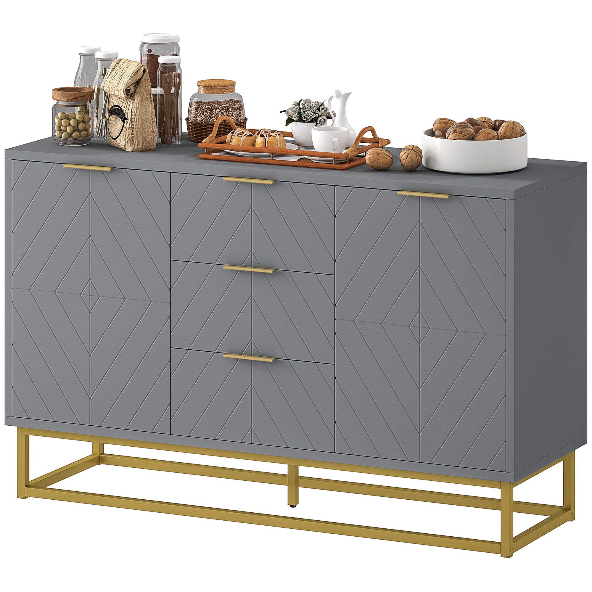 Sideboard Storage Cabinet with 3 Drawers, Adjustable Shelves and Doors, Kitchen Buffet Cabinet for Dining Room, Grey