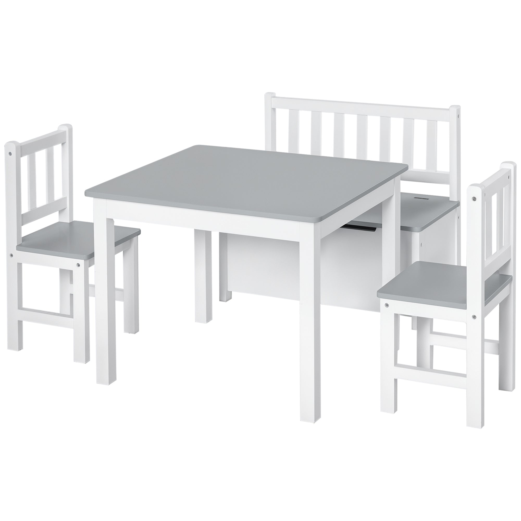 Qaba 4-Piece Set Kids Wood Table Chair Bench with Storage Function Gift for Toddlers