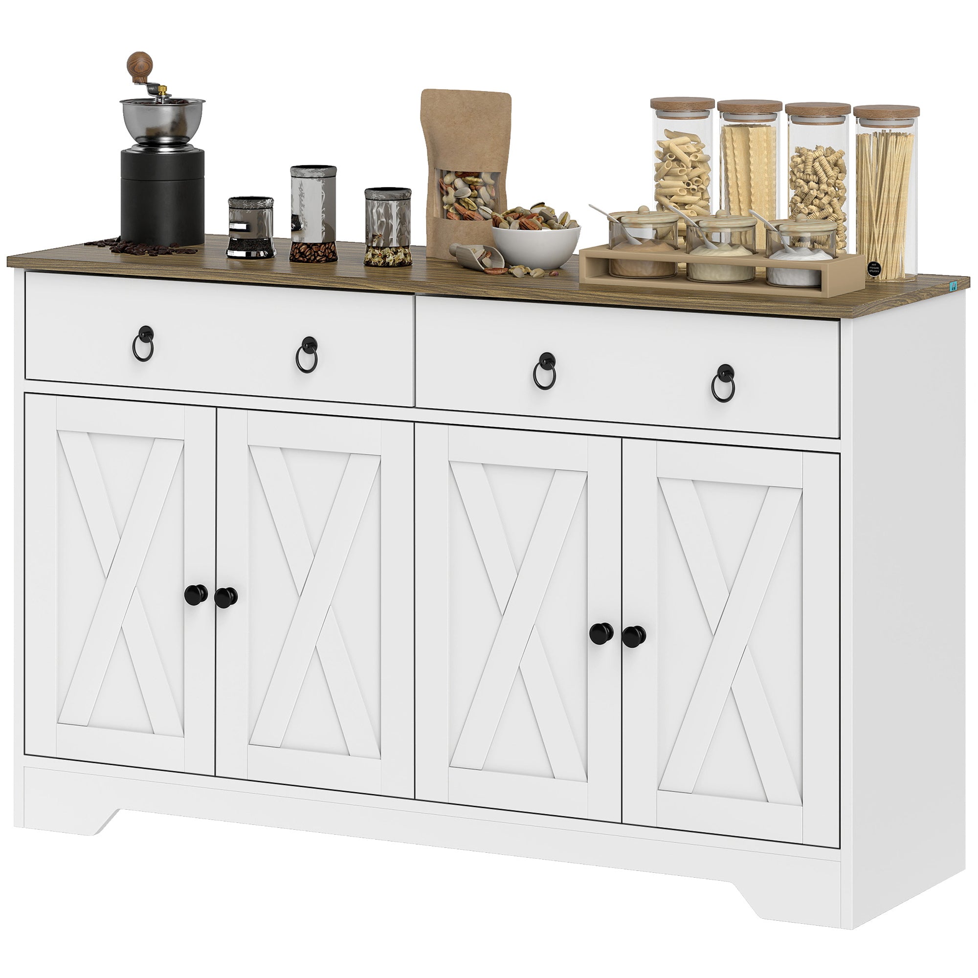 Kitchen Sideboard Cabinet with 2 Drawers, 4 Barn Doors and 2 Adjustable Shelves, Buffet Table for Living Room, White