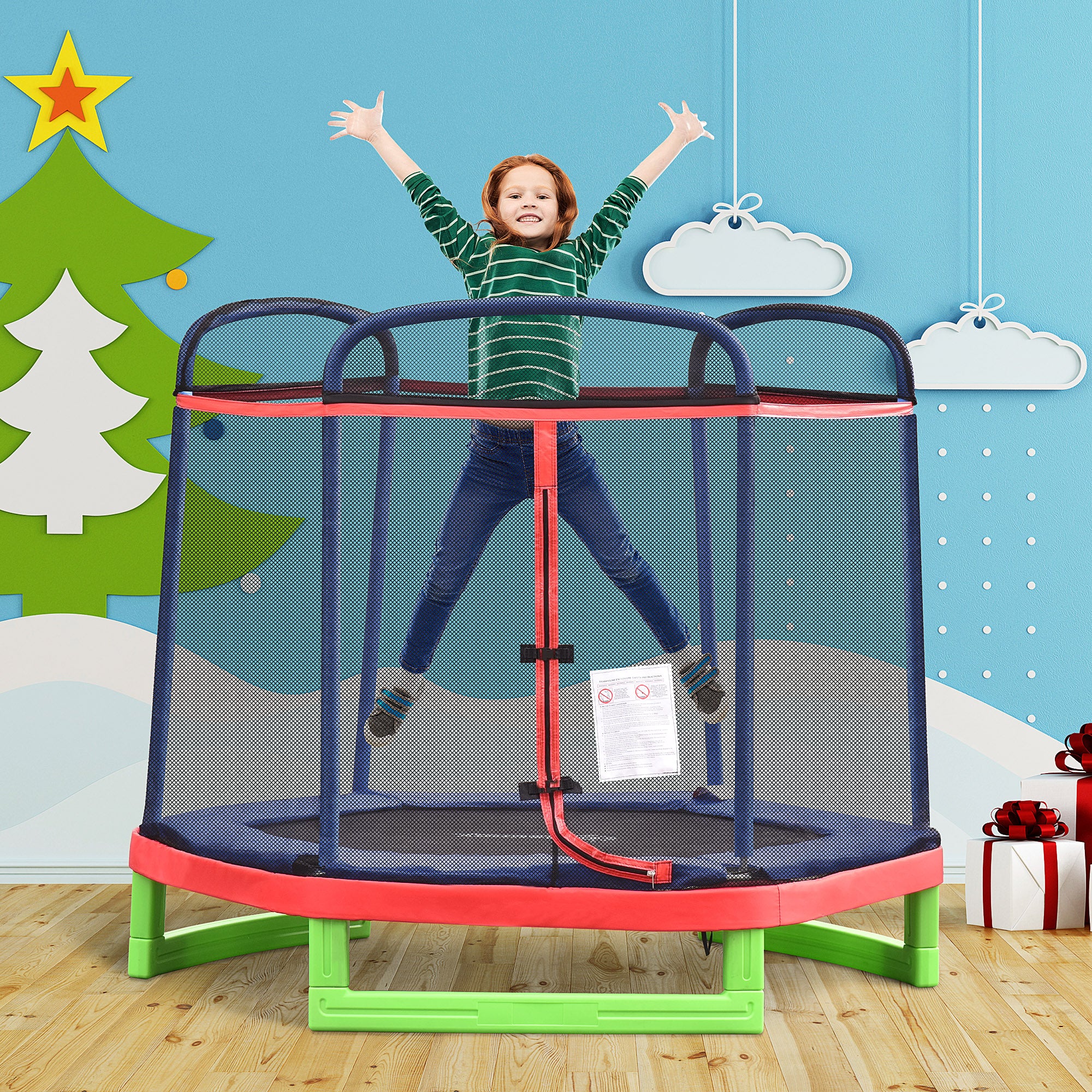 84.75" Kids Trampoline 7 FT Indoor Outdoor Trampolines with Safety Net Enclosure Built-in Zipper Padded Covering, for Boys and Girls, Red