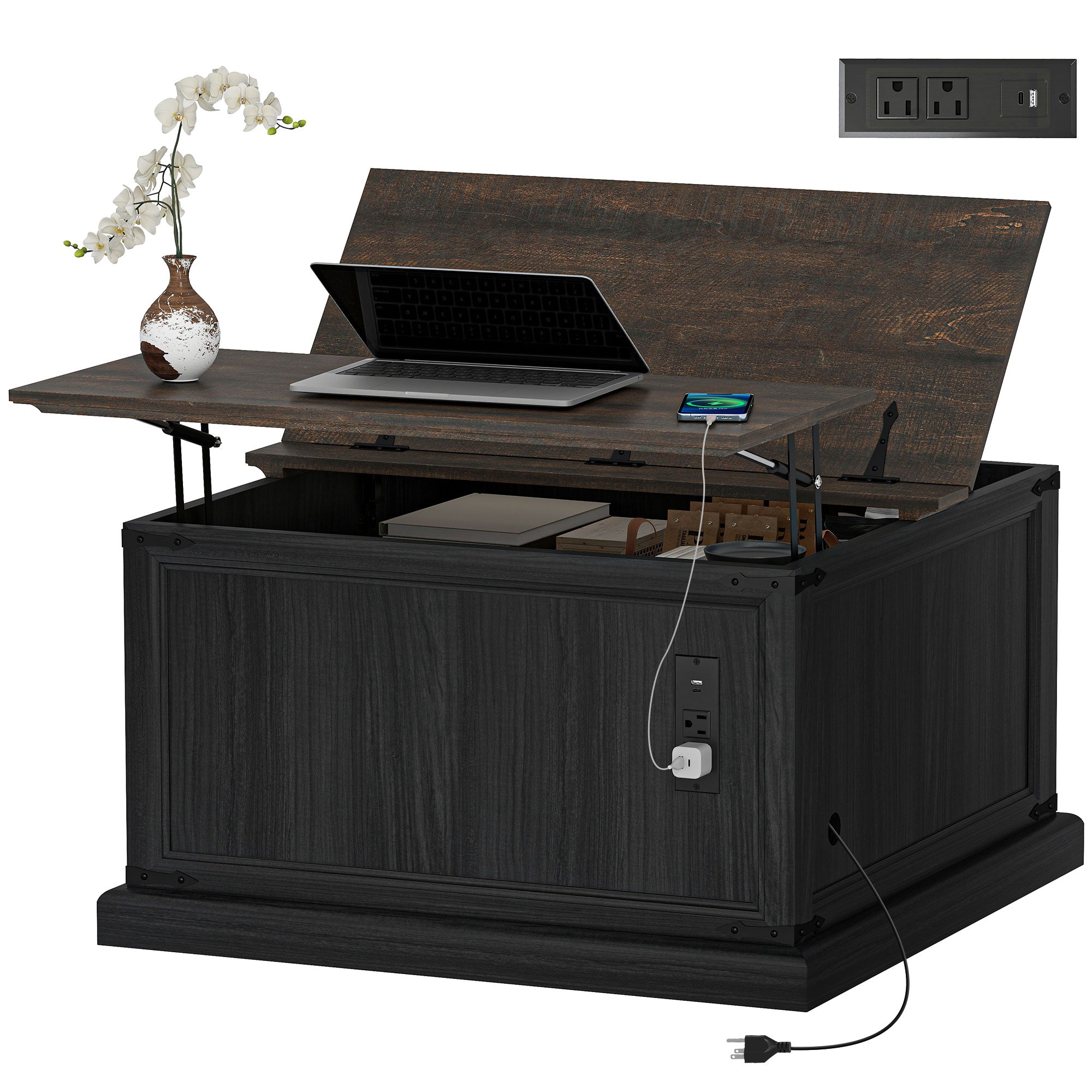 Lift Top Coffee Table with Charging Station, Square Farmhouse Center Table with Hidden Storage, Black Wood Grain