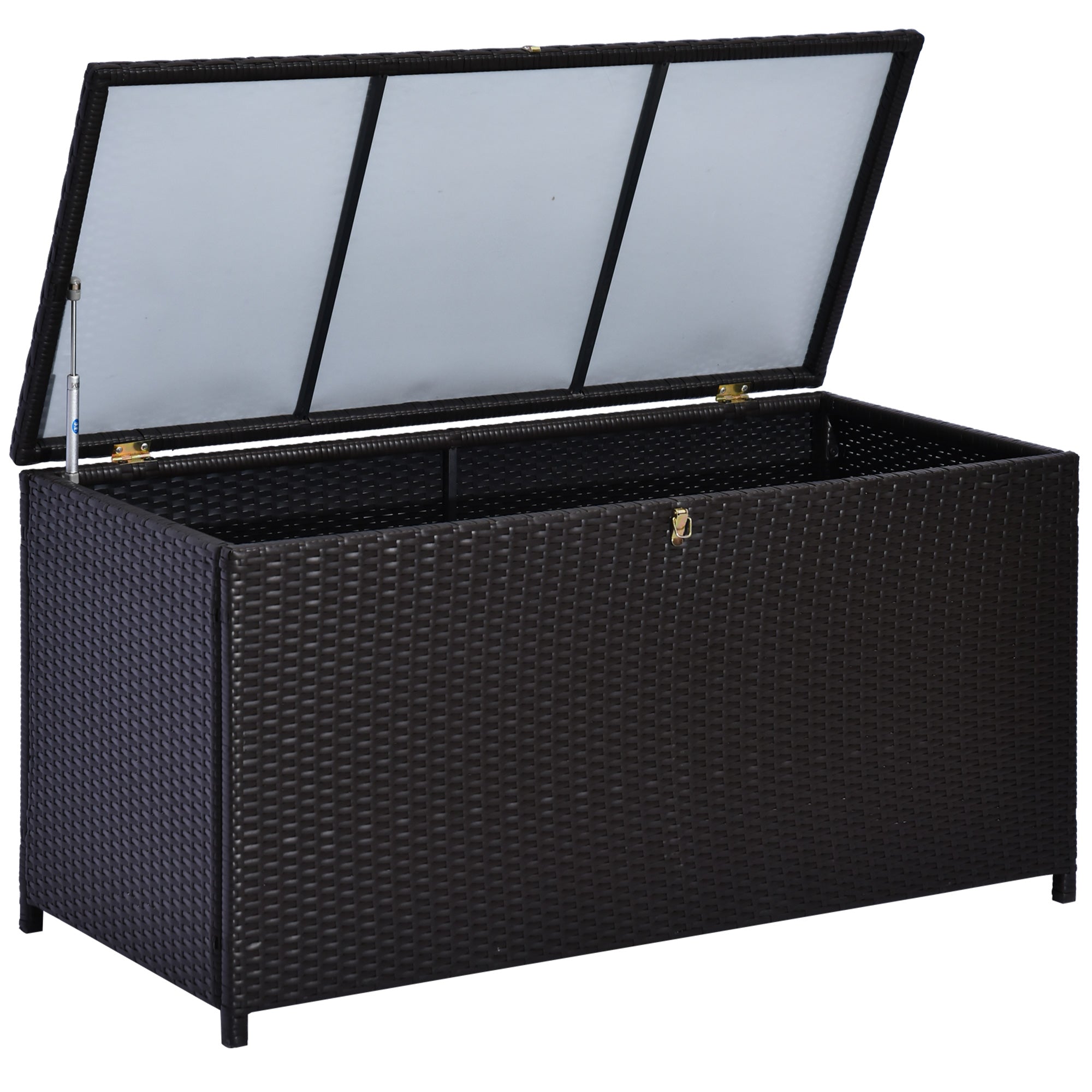 Wicker Outdoor Storage Box, 75 Gallon Deck Box with Gas Strut and Clamp Lid, Rattan Patio Storage Container for Gardening Tools, Pool Supplies, Dark Brown