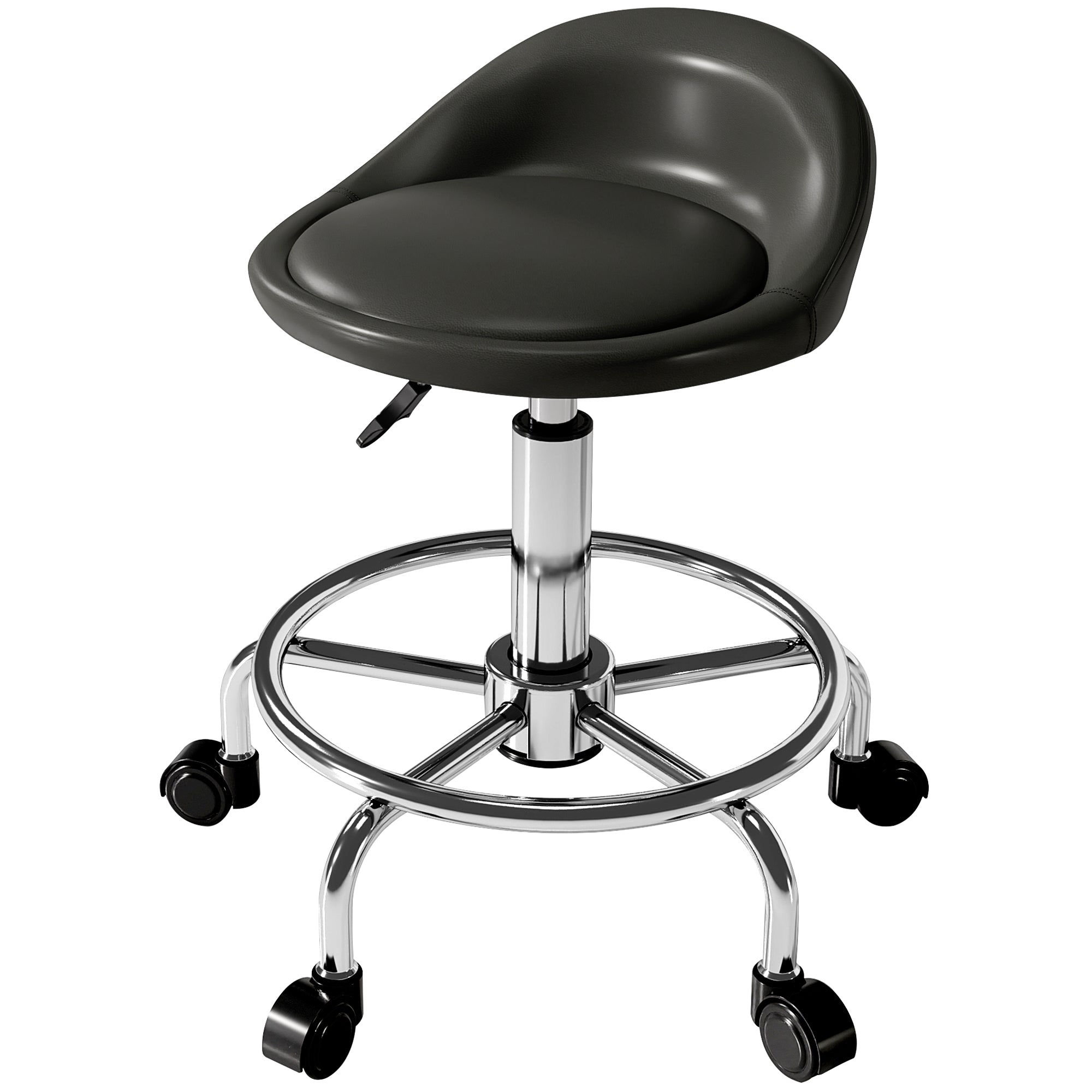 PU Leather Rolling Stool, Height Adjustable Swivel Salon Chair with Backrest and Foot Rest for Spa, Tattoo, Black
