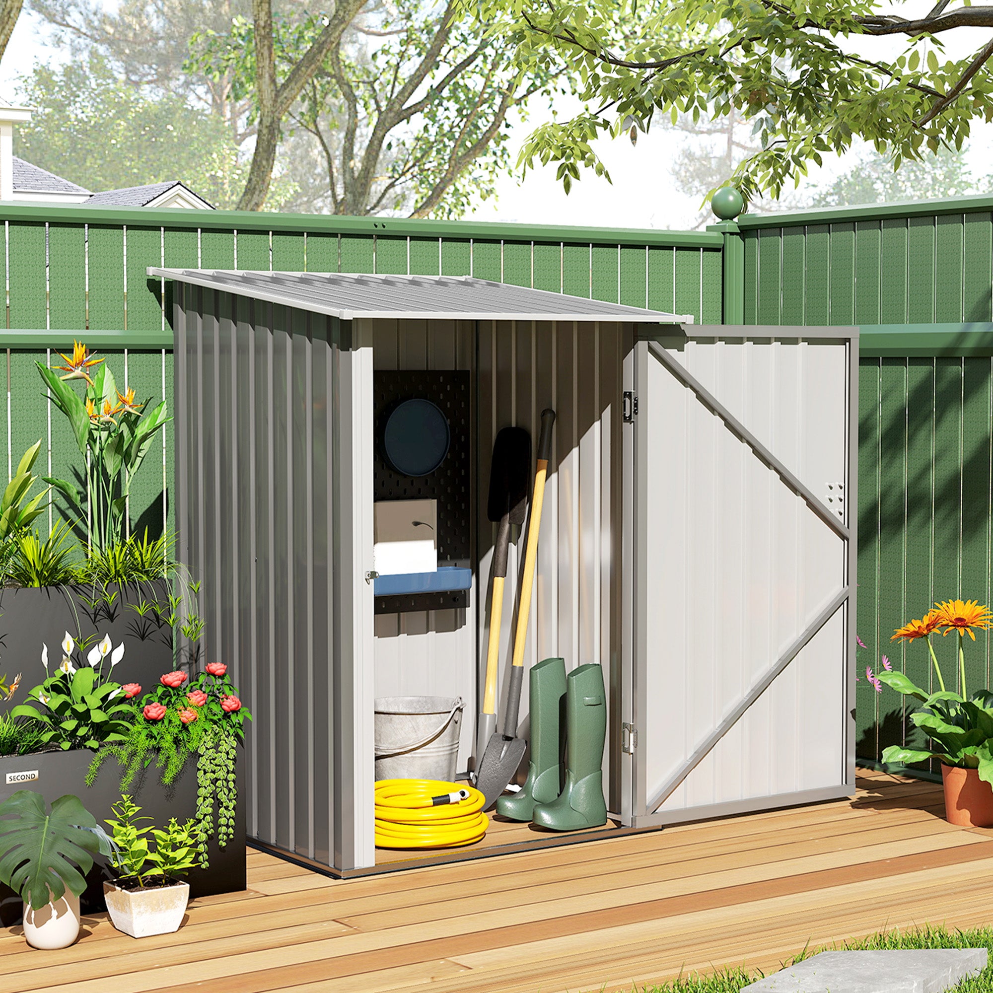 3.3' x 3.4' Lean-to Garden Storage Shed, Outdoor Galvanized Steel Tool House with Lockable Door for Patio Grey