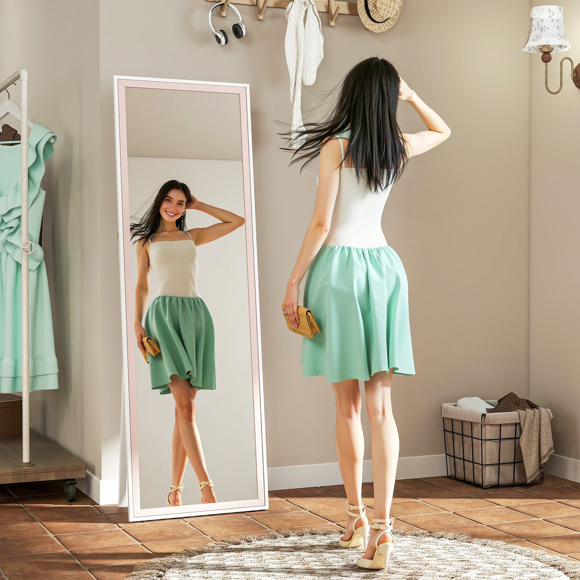 64" x 21" Full Length Mirror, Rectangular Full Body Mirror with Frame, Standing, Hanging or Leaning, White and Pink