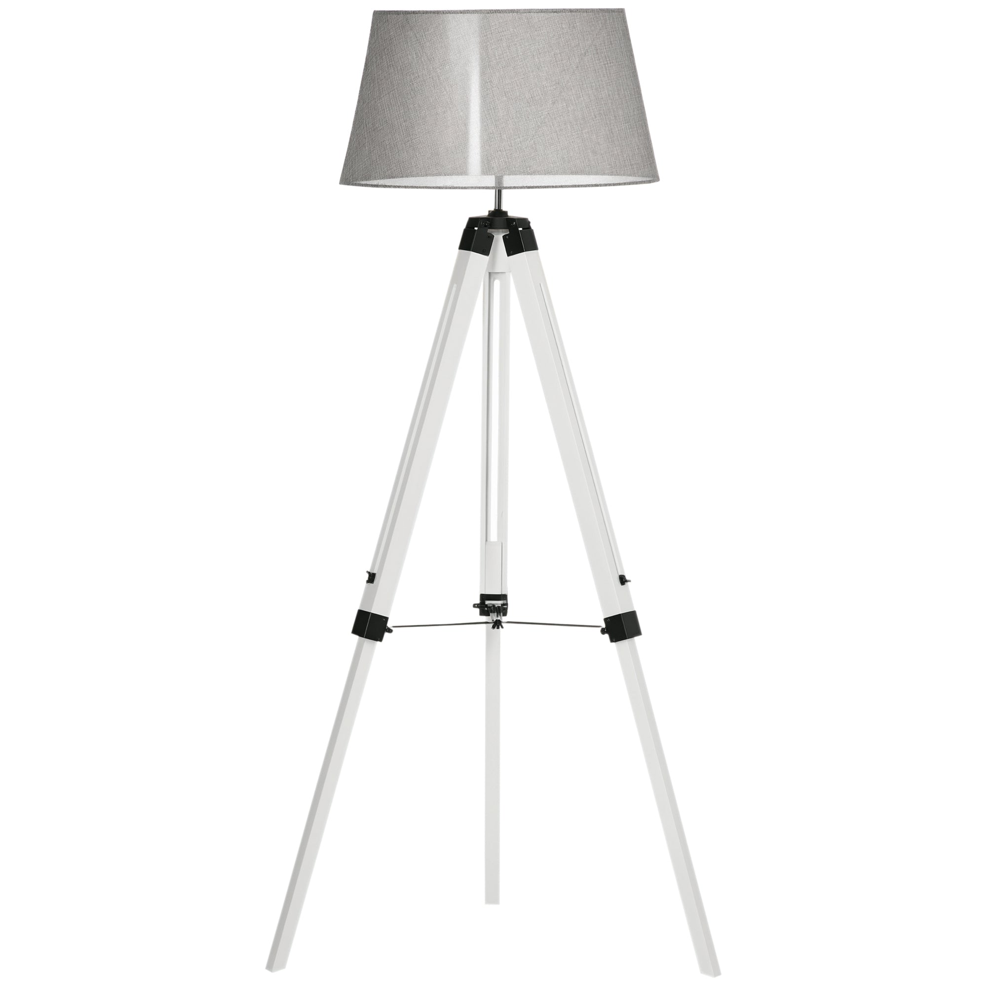 Tripod Floor Lamp, Adjustable Height Wooden Standing Lamp with E26 Lamp Base for Living Room, Bedroom, White and Grey