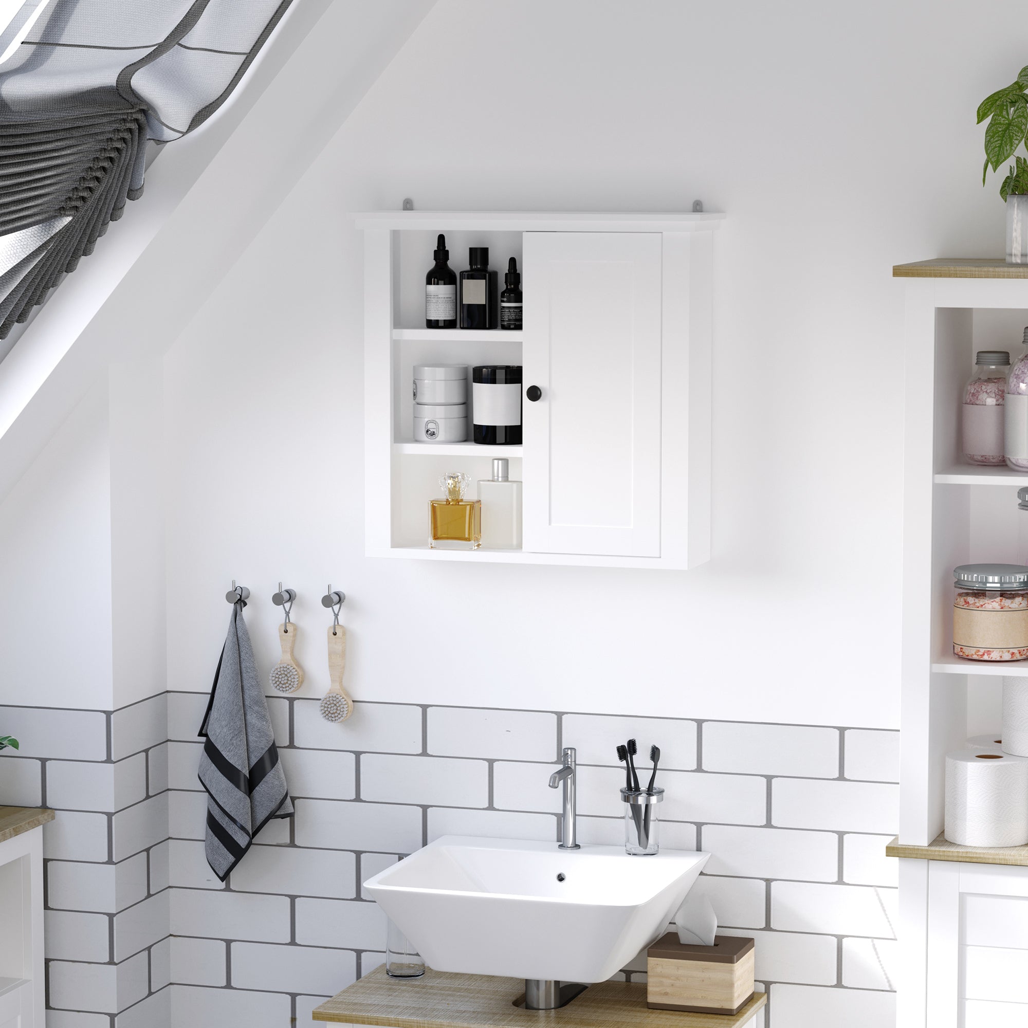 Bathroom Wall Cabinet, Wall Mounted Medicine Cabinet with 3 Open Shelves and Storage Cupboard for Laundry Room, White