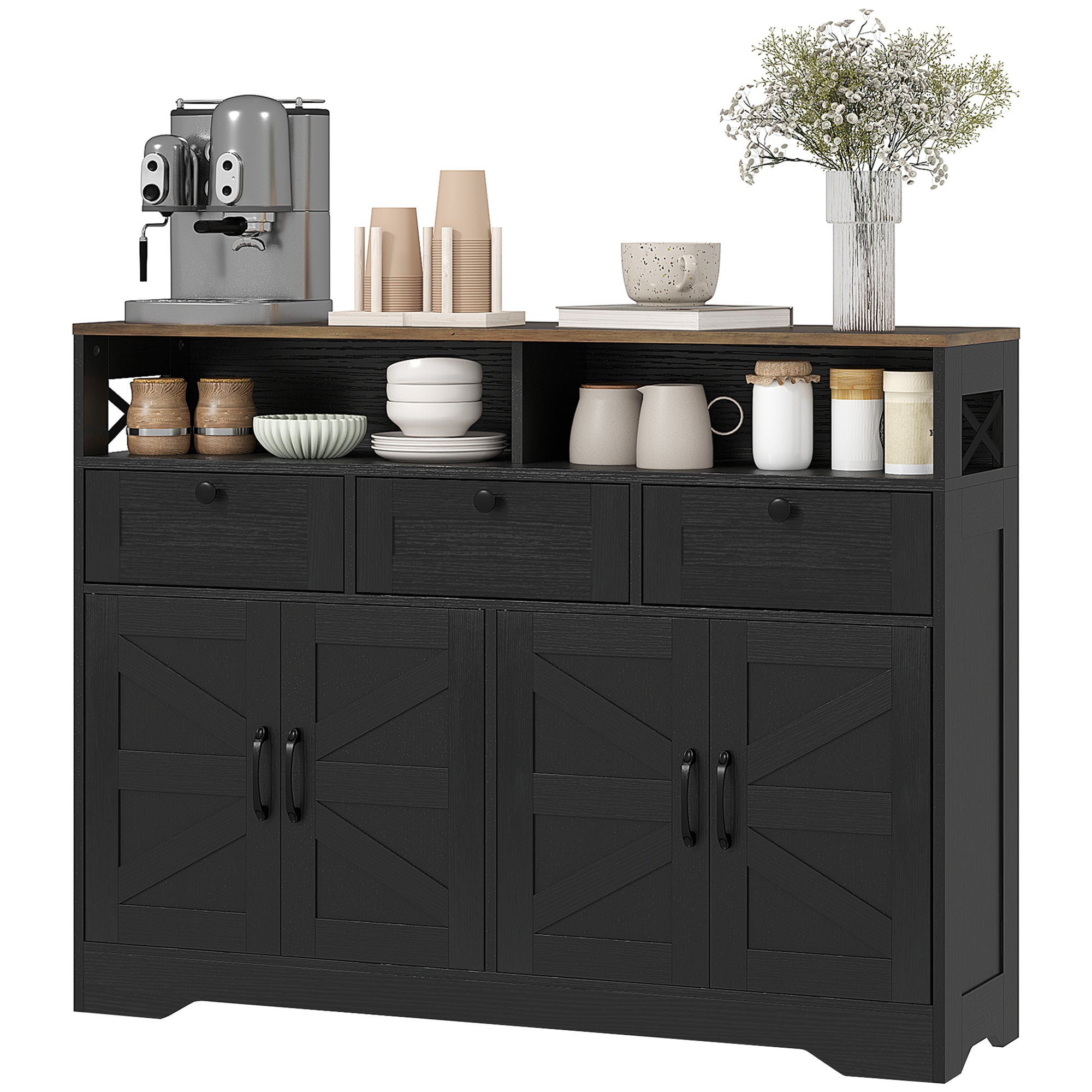 Sideboard, Buffet Cabinet with 4 Barn Doors and 3 Drawers, Coffee Bar Cabinet with Adjustable Shelves, Black