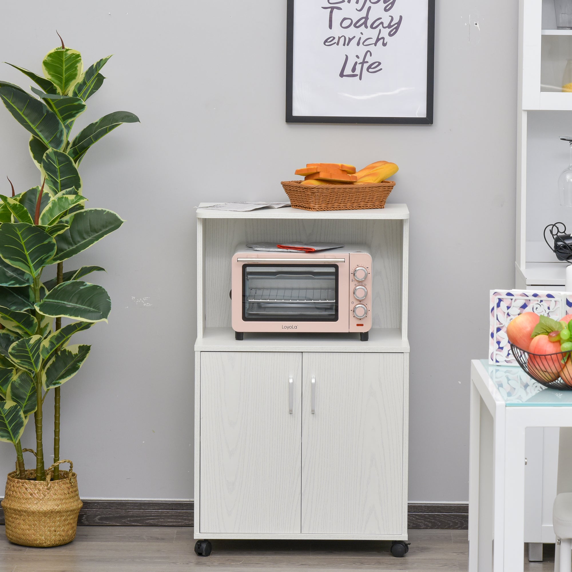 Microwave Cart on Wheels Utility Trolley Storage Sideboard Bookcase with 2-door Cabinet, White Oak