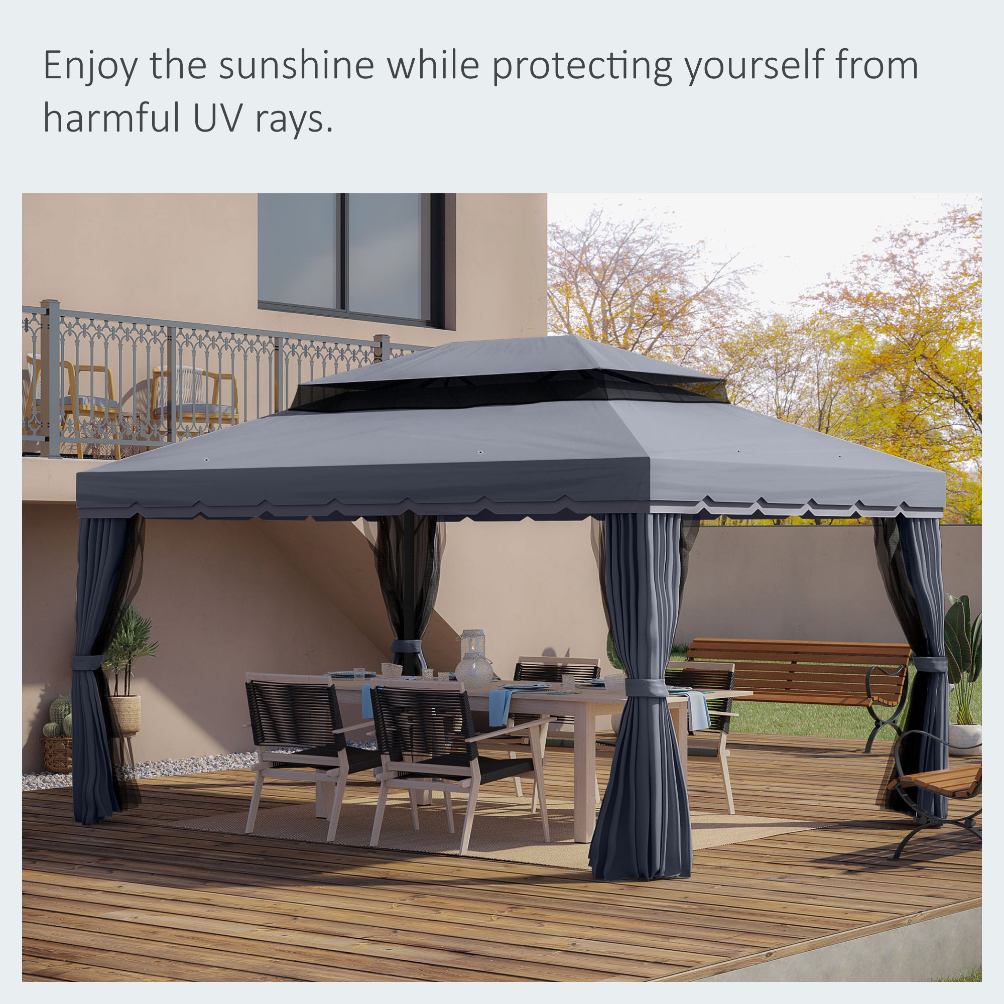 13' x 10' Patio Gazebo, Double Roof Outdoor Gazebo Canopy Shelter with Netting & Curtains, Strong Aluminum Frame, Dark Grey