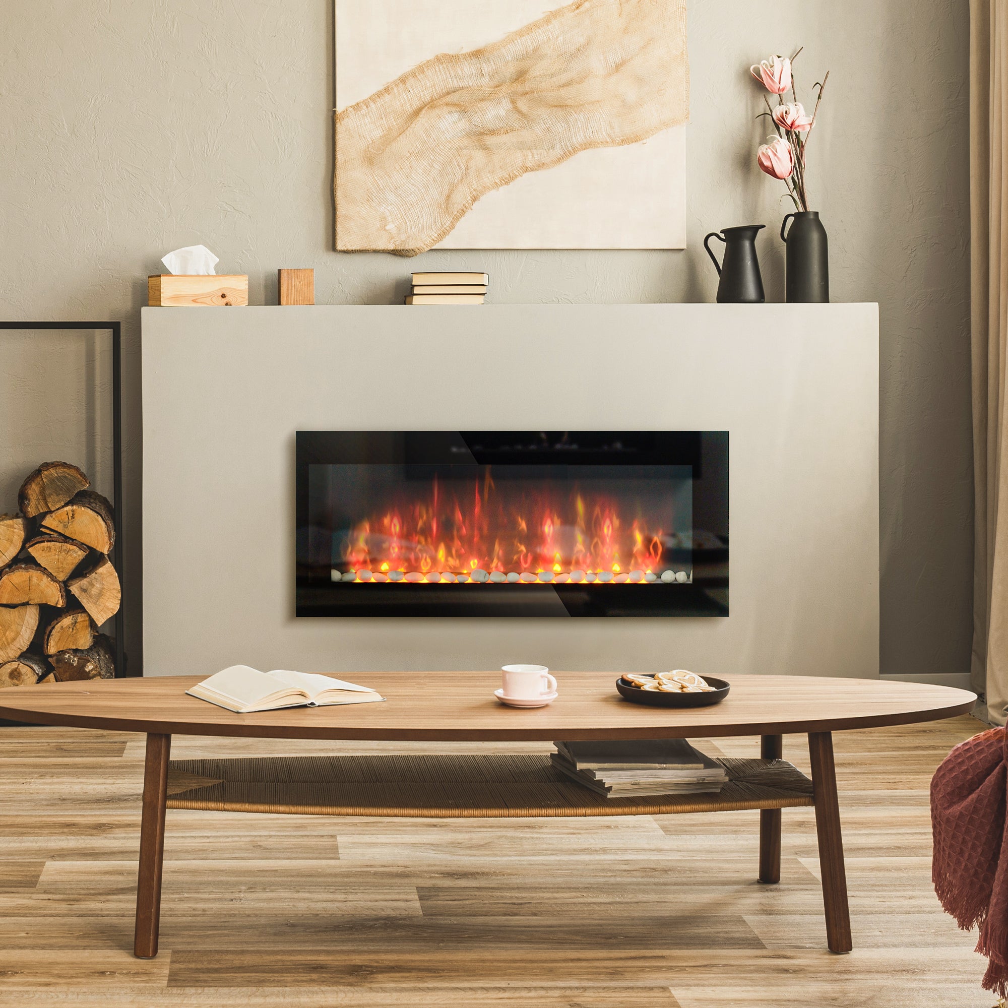 Wall Mounted Fireplace, 41 Inch Modern Electric Fireplace with Patented LED Flame Effect and 7 Colors, Black