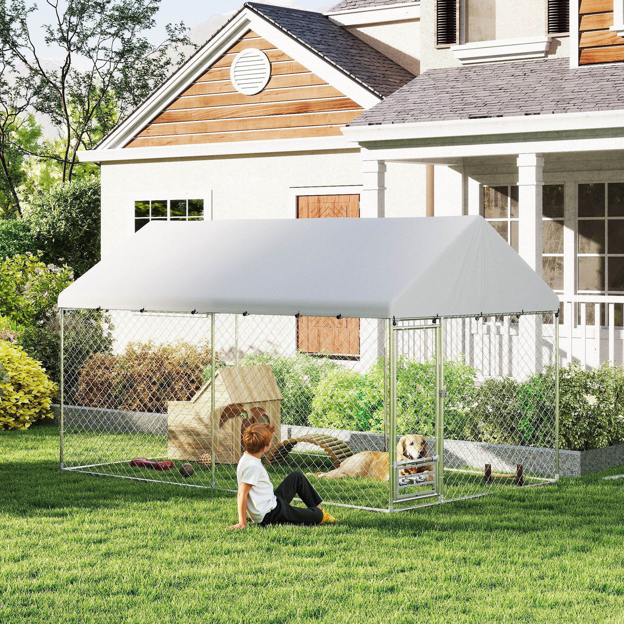 Outdoor Dog Run with Adjustable & Rotatable Bowls, Waterproof UV-Resistant Cover, Escape-Proof Lock, 13.1' x 7.5' x 7.5'