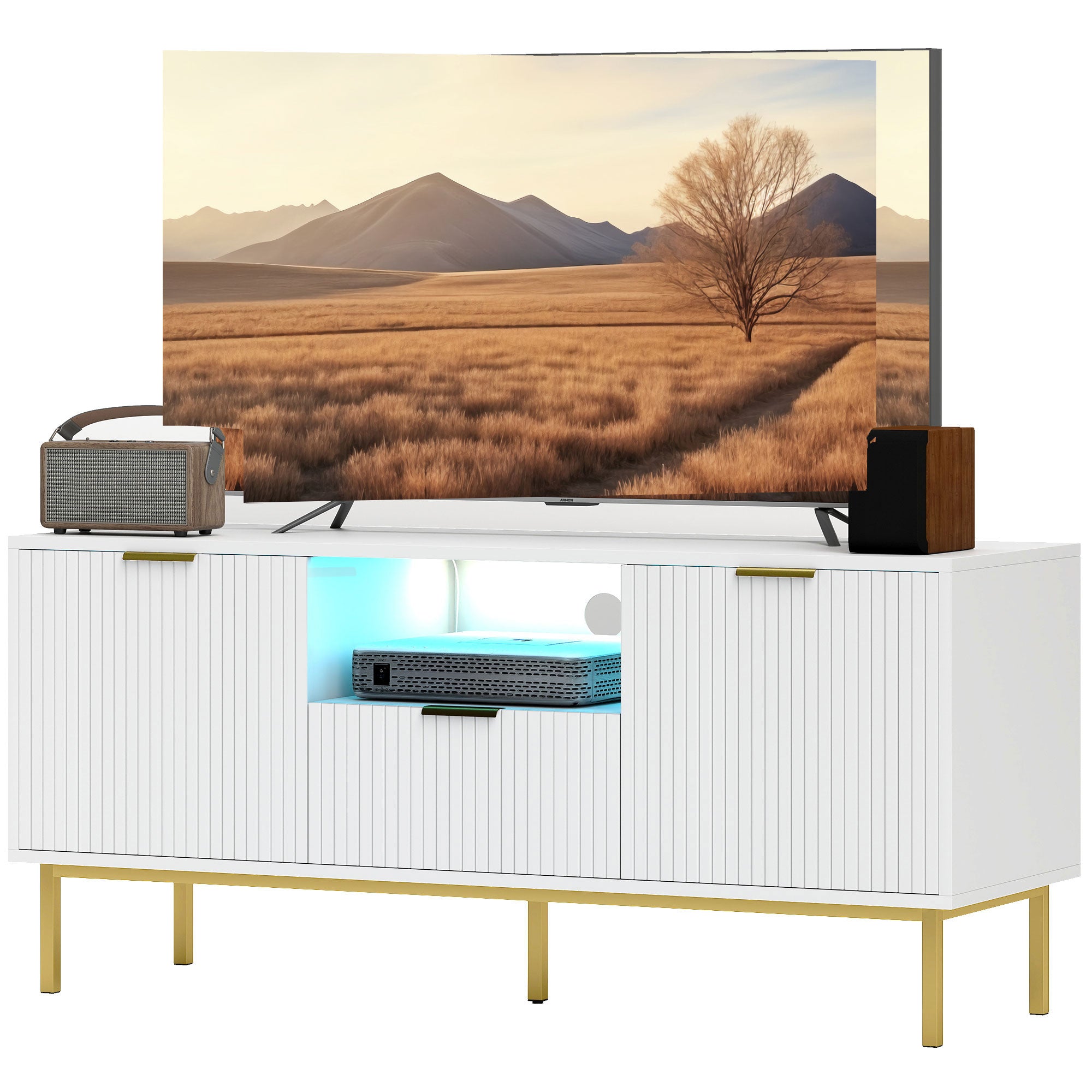 Modern TV Console for TVs up to 40 Inch, Entertainment Center with Smart RGB LED Lights and Soft Close Doors, White