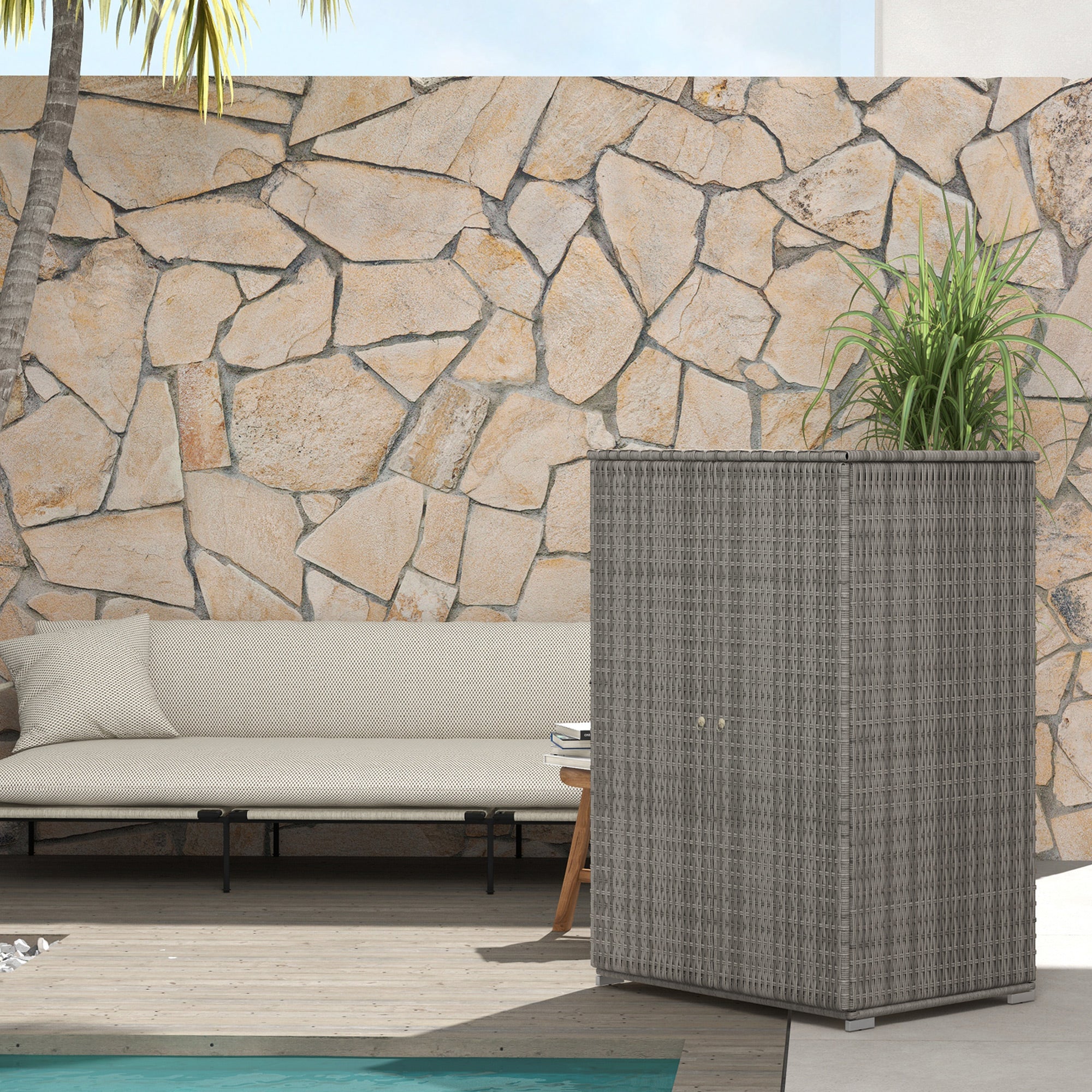 Wicker Outdoor Storage Cabinet, 2-Door Rattan Pool Towel Storage Cabinet with Drawer & Removable Shelf, Dark Grey
