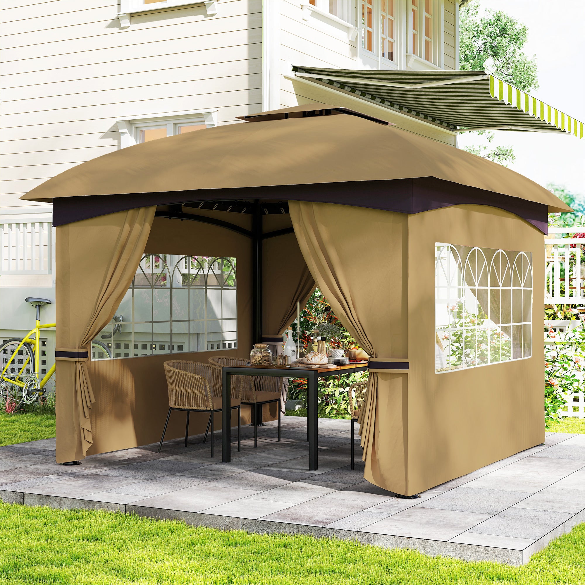 11' x 11' Outdoor Gazebo, Double Roof Patio Gazebo Canopy with Curtains, Church Windows, Galvanised Steel Frame, Beige