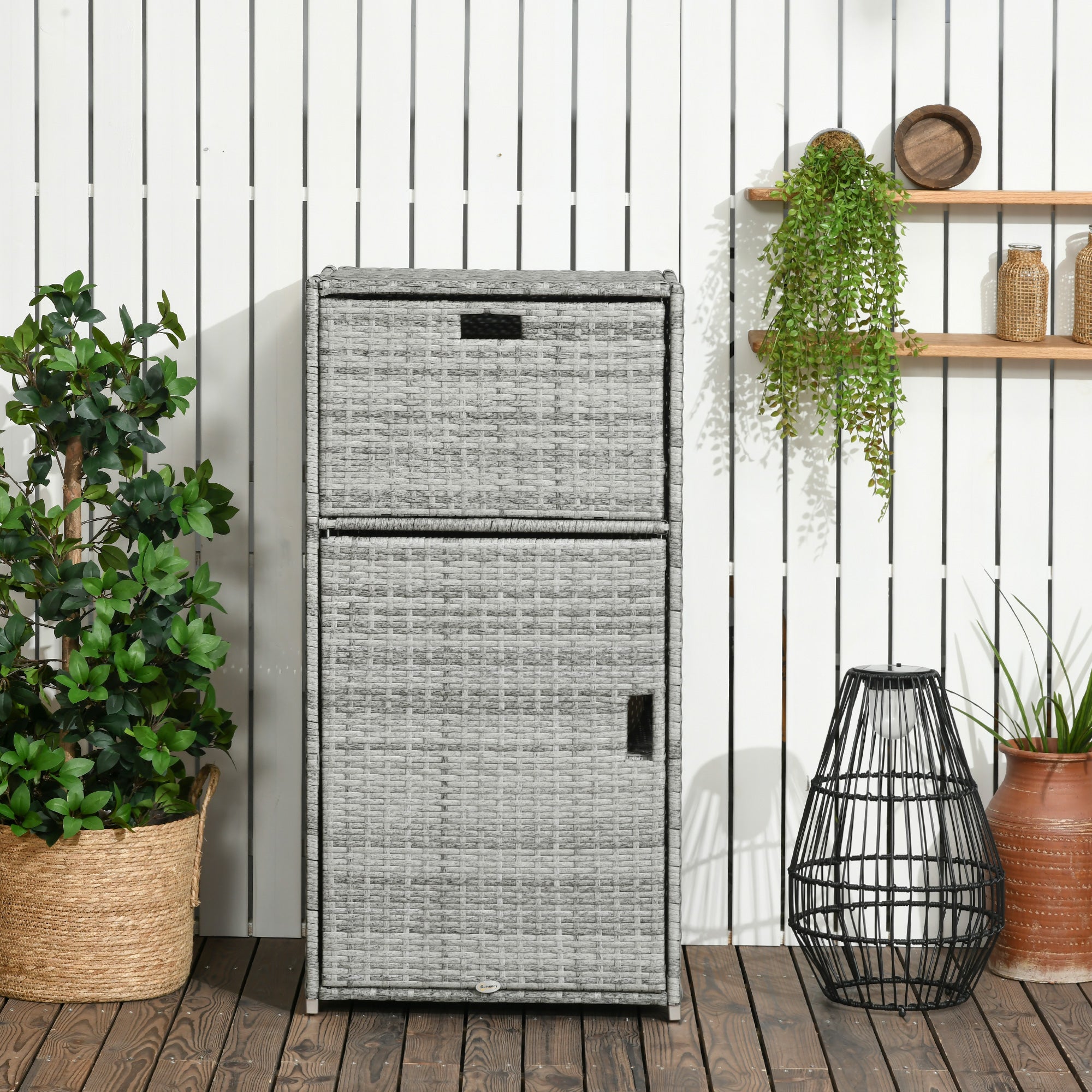 Patio Storage Cabinet, Outdoor Towel Rack for Pool, PE Rattan Wicker Hot Tub Accessory, with Basket Drawer, Mixed Grey