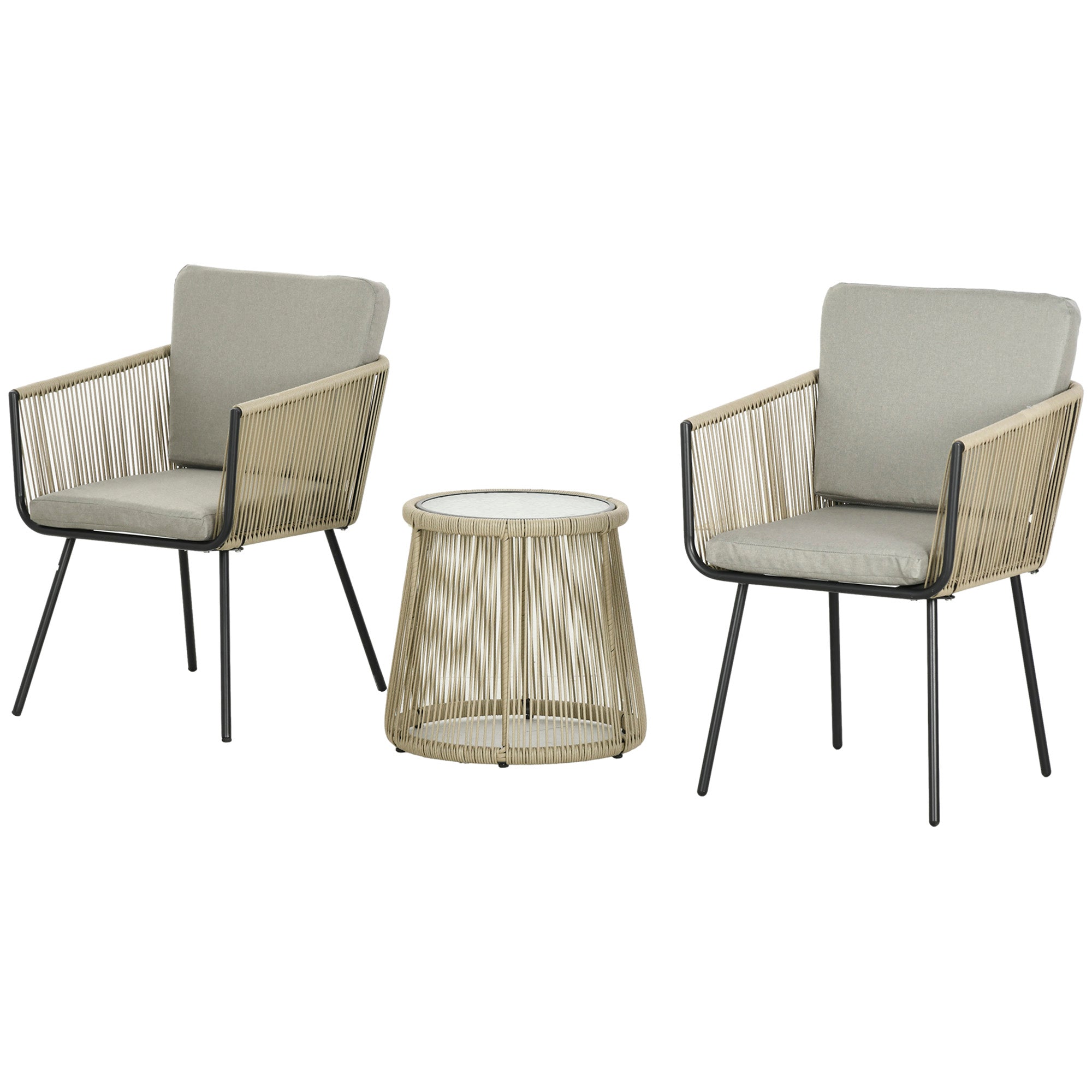 3 Piece Outdoor Patio Bistro Set, Wicker Rattan Furniture with Metal Legs for Garden, Backyard, Coffee and Light Grey