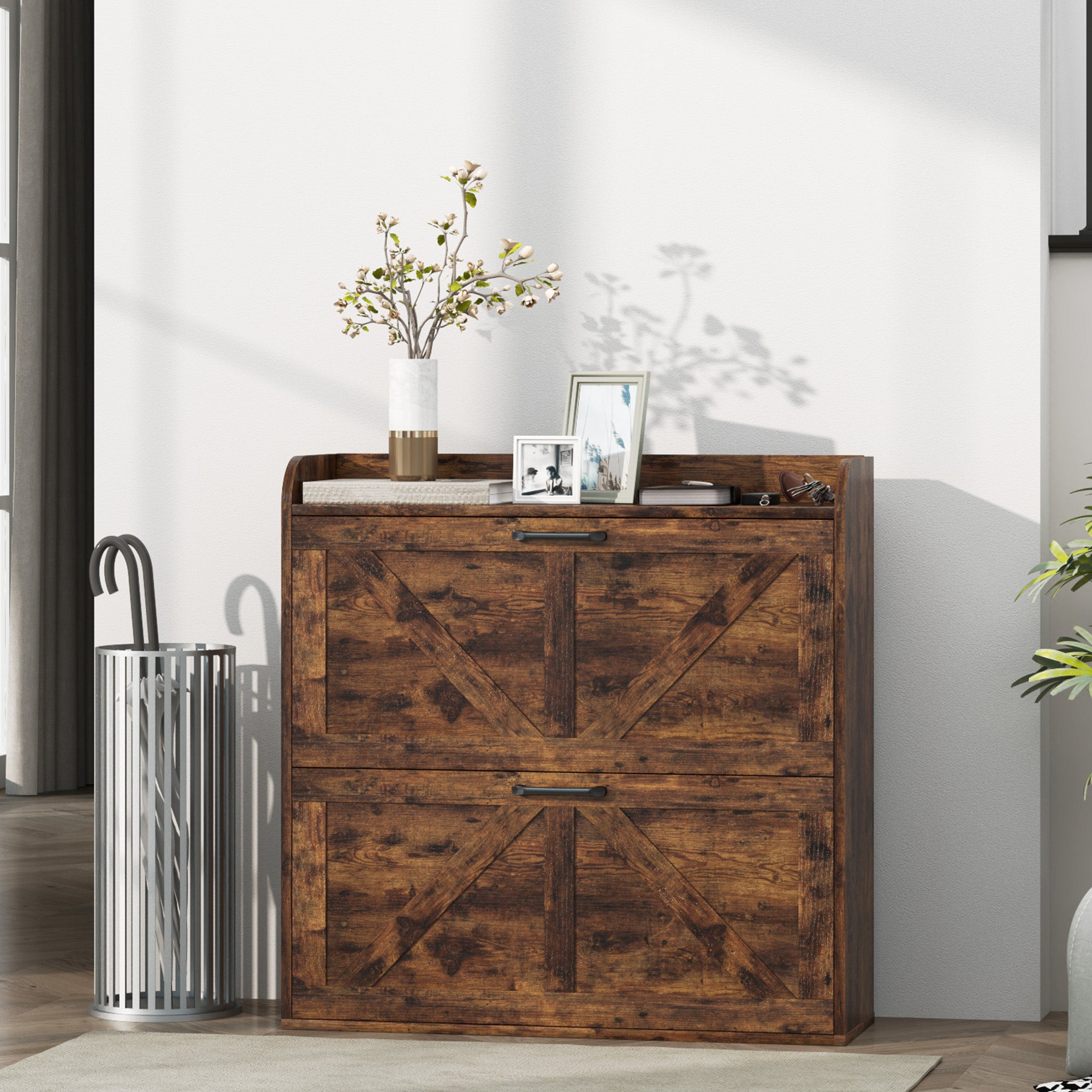 Narrow Shoe Storage Cabinet, Farmhouse Slim Shoe Cabinet with 2 Flip Drawers, Adjustable Shelves, Rustic Brown