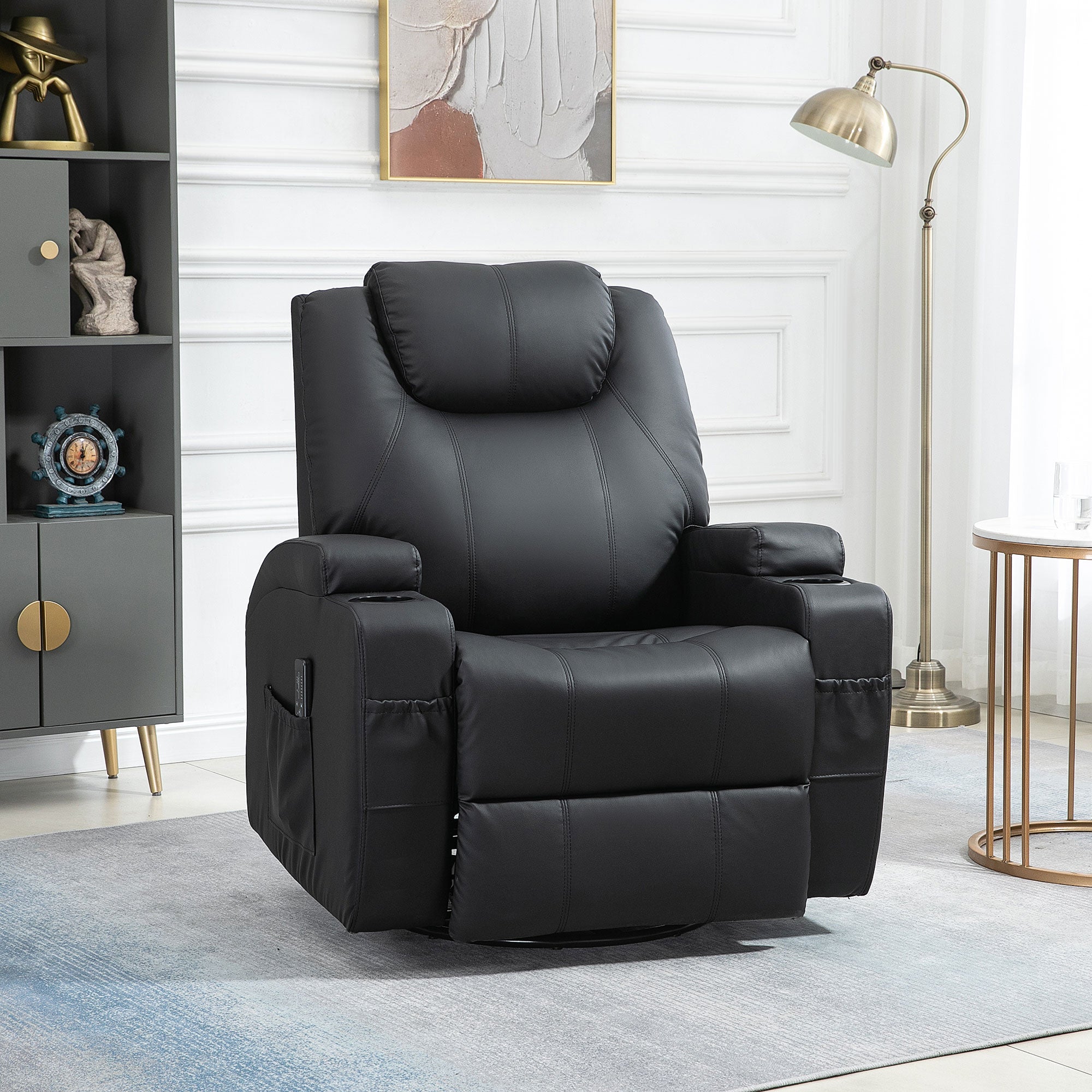 Massage Recliner Chair, Swivel Nursery Rocker Chair, Manual Reclining Sofa with 8 Vibration Points, PU Leather, Cup Holders, Side Pockets, for Living Room, Black