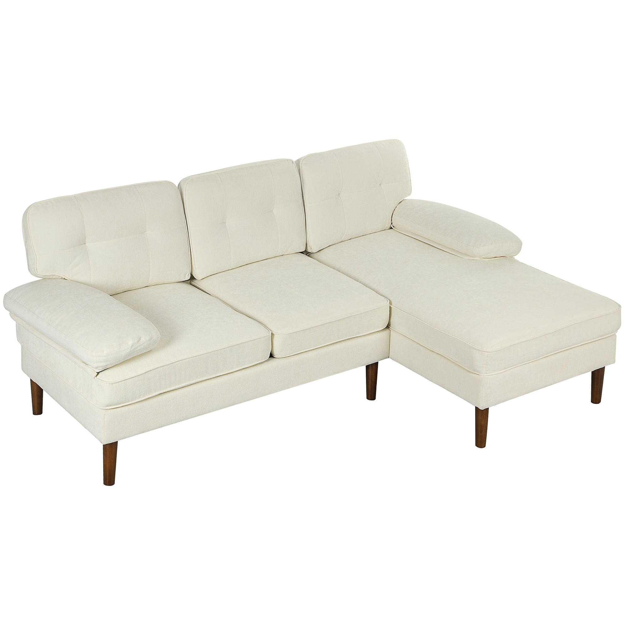 Modern Corner Couch with Right Chaise Lounge, Tufted 3-Seater Sofa with Wooden Legs for Living Room, Cream White