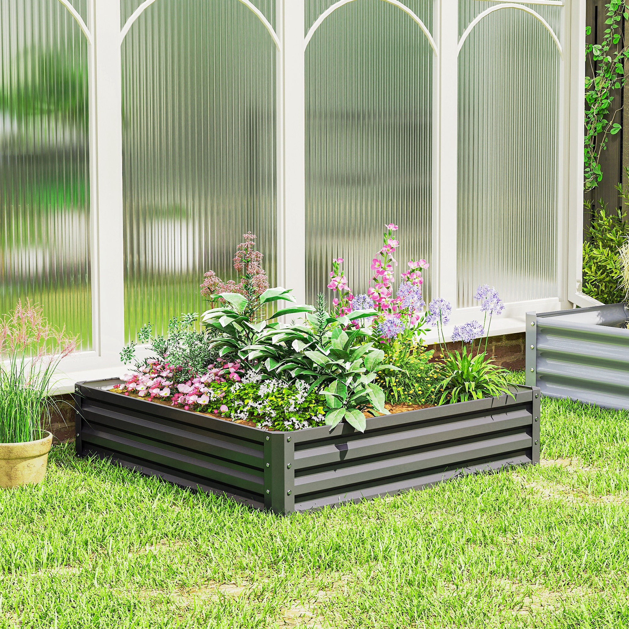 4' x 4' x 1' Raised Garden Bed Galvanized Steel Planter Box for Vegetables, Flowers, Herbs, Light Grey