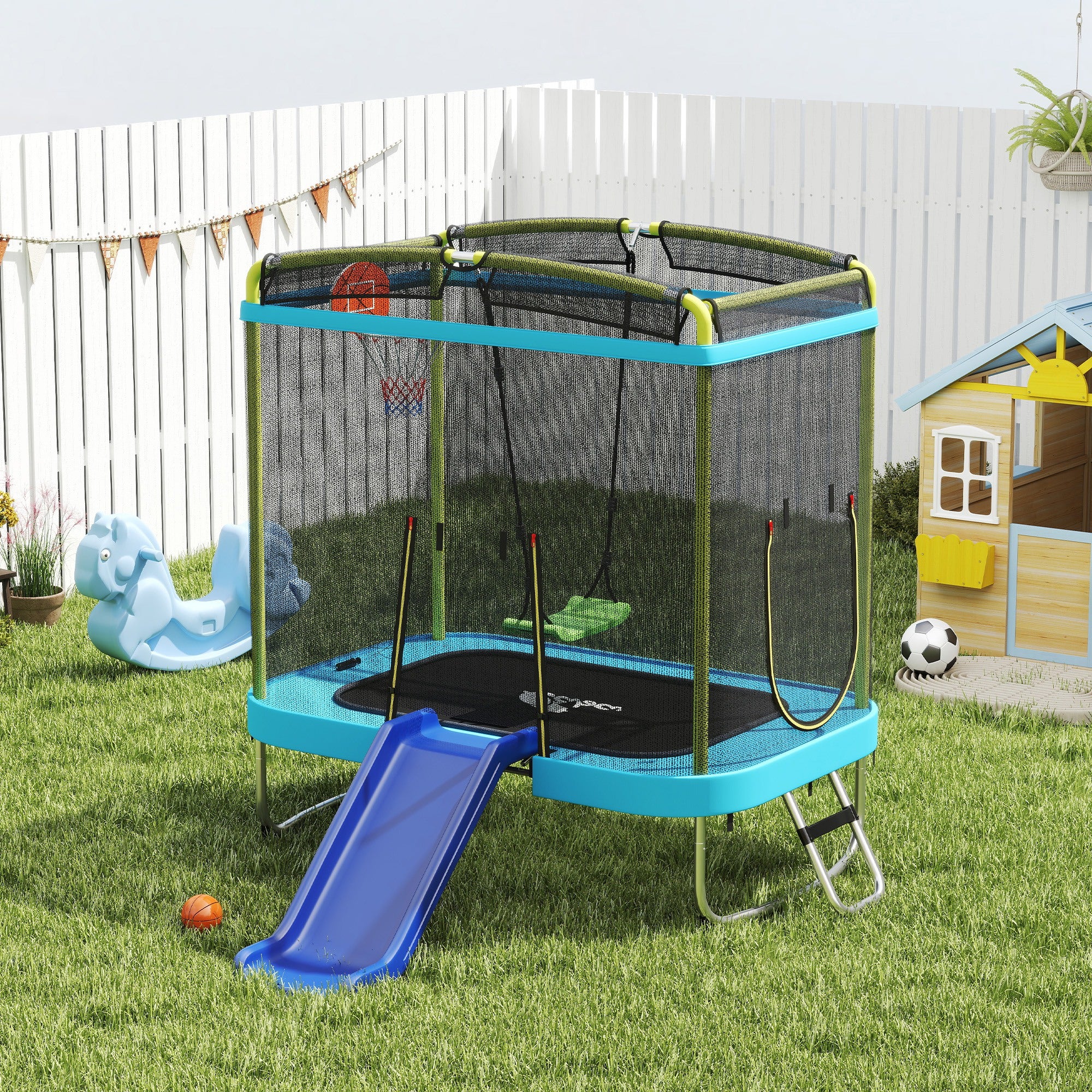Qaba 70" x 47" Trampoline for Kids Indoor & Outdoor with Slide, Swing, Basketball Hoop and Safety Enclosure, Light Blue