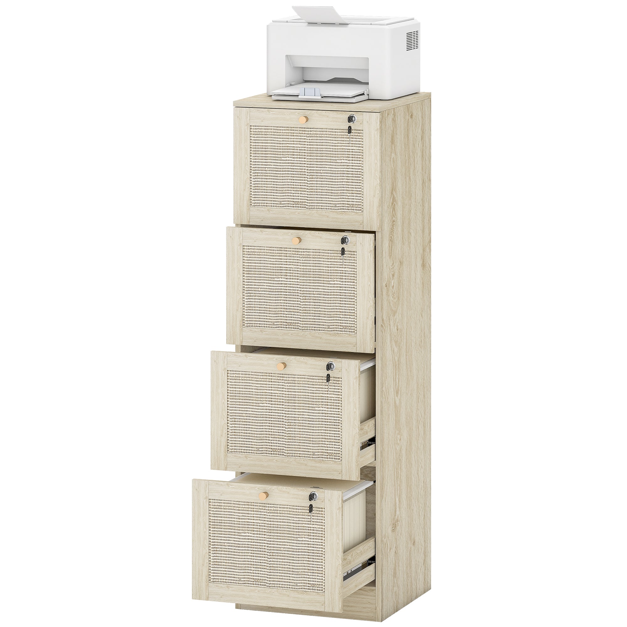 4 Drawer Filing Cabinet with Lock, Boho File Cabinet for A4 Letter Size Files with Decorative Rattan Accents, Oak