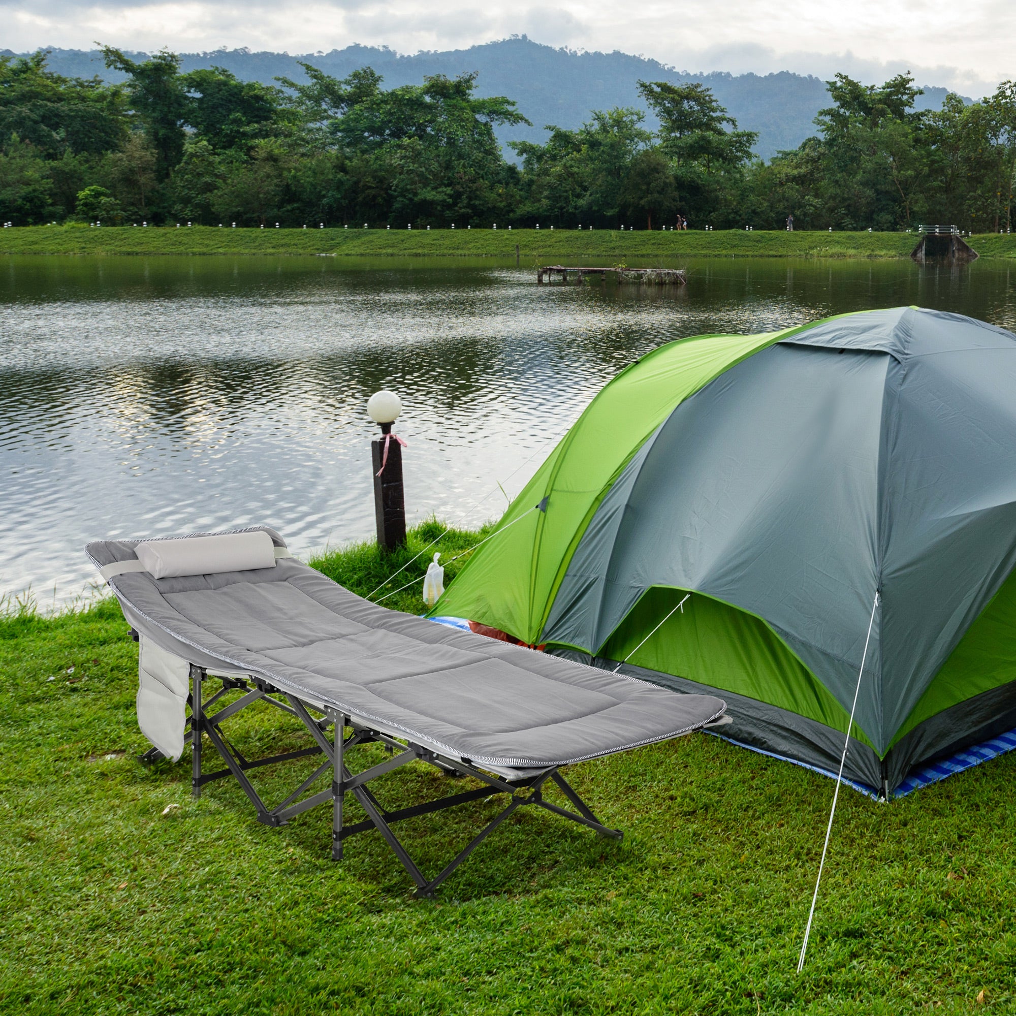 Folding Camping Cot with Mattress & Pillow, Double Layer Oxford Heavy Duty Sleeping Cot with Carry Bag Light Grey