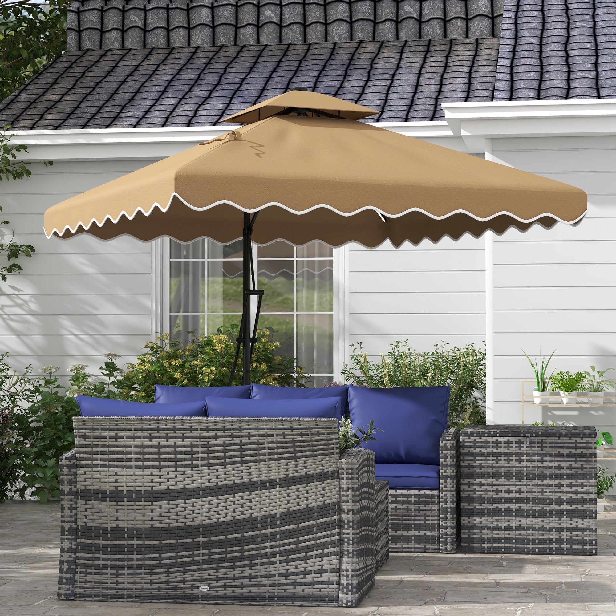 8' x 8' Square Double Top Offset Patio Umbrella Garden Parasol with Solar LED Lights, Ruffles and Weights, Khaki