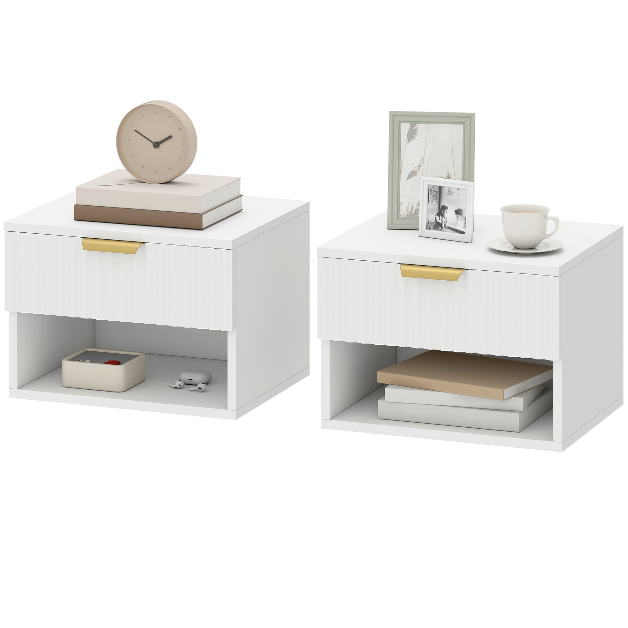 Floating Nightstands, Wall Mounted Bedside Tables Set of 2 with Drawer and Open Shelf, White