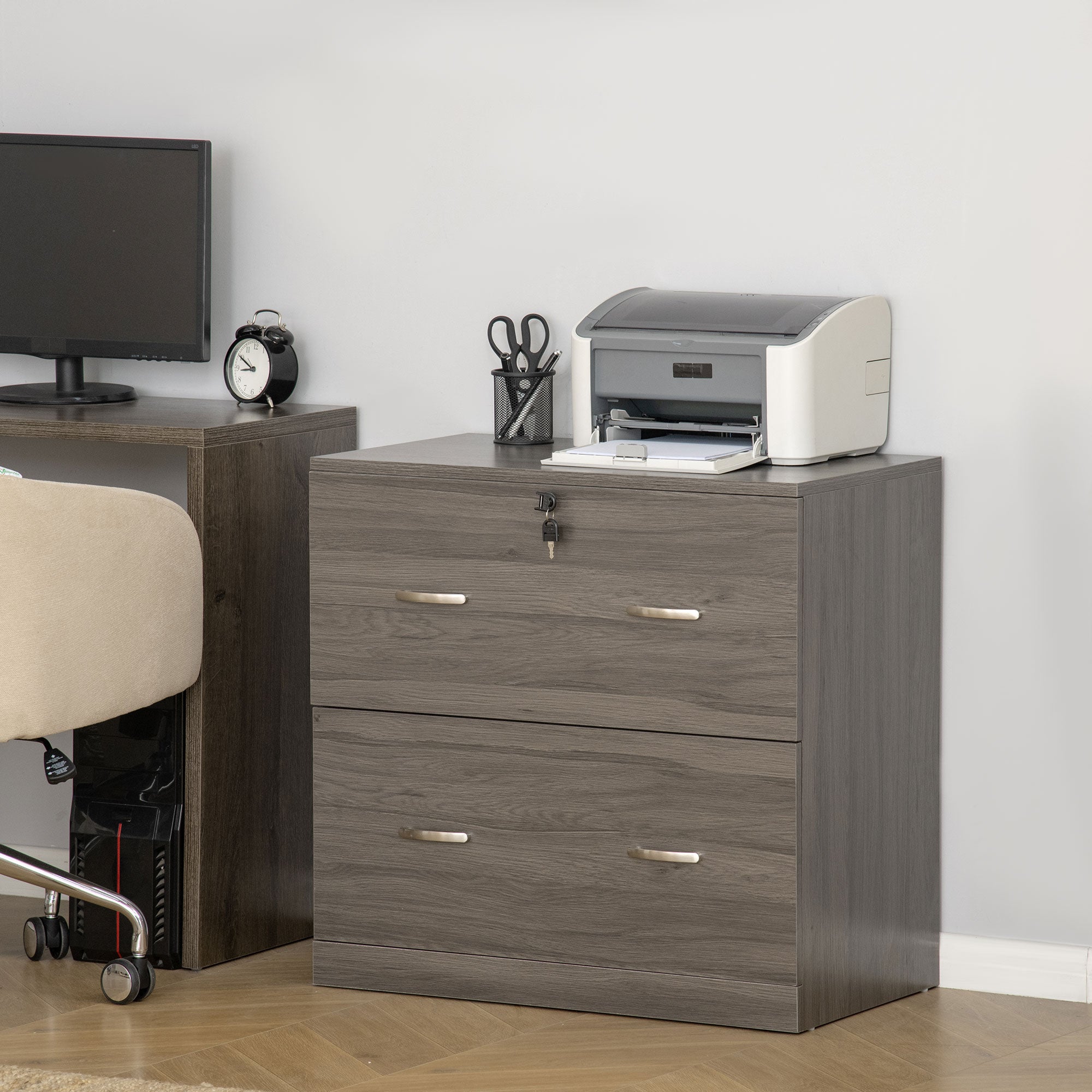 2 Drawer File Cabinet with Lock, Office Filing Cabinet, Hanging Bar for Letter Size, Home Office, Grey