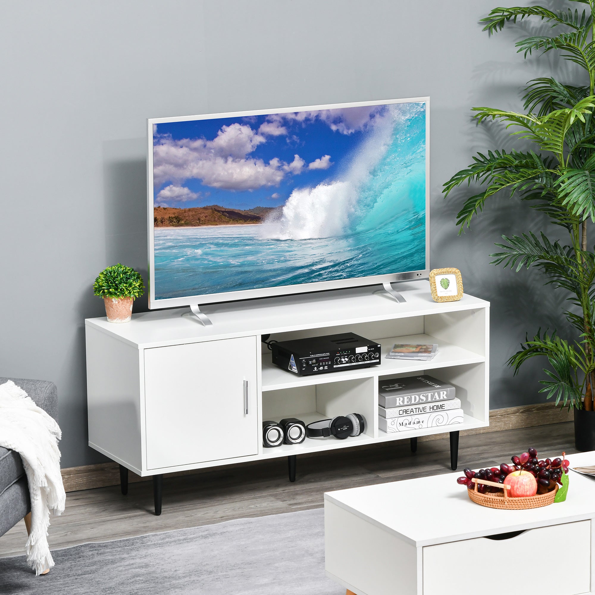 Modern TV Stand Cabinet for TVs up to 60 Inches with Storage Shelf, Cable Hole, Home Entertainment Unit Center, for Living Room Bedroom, White