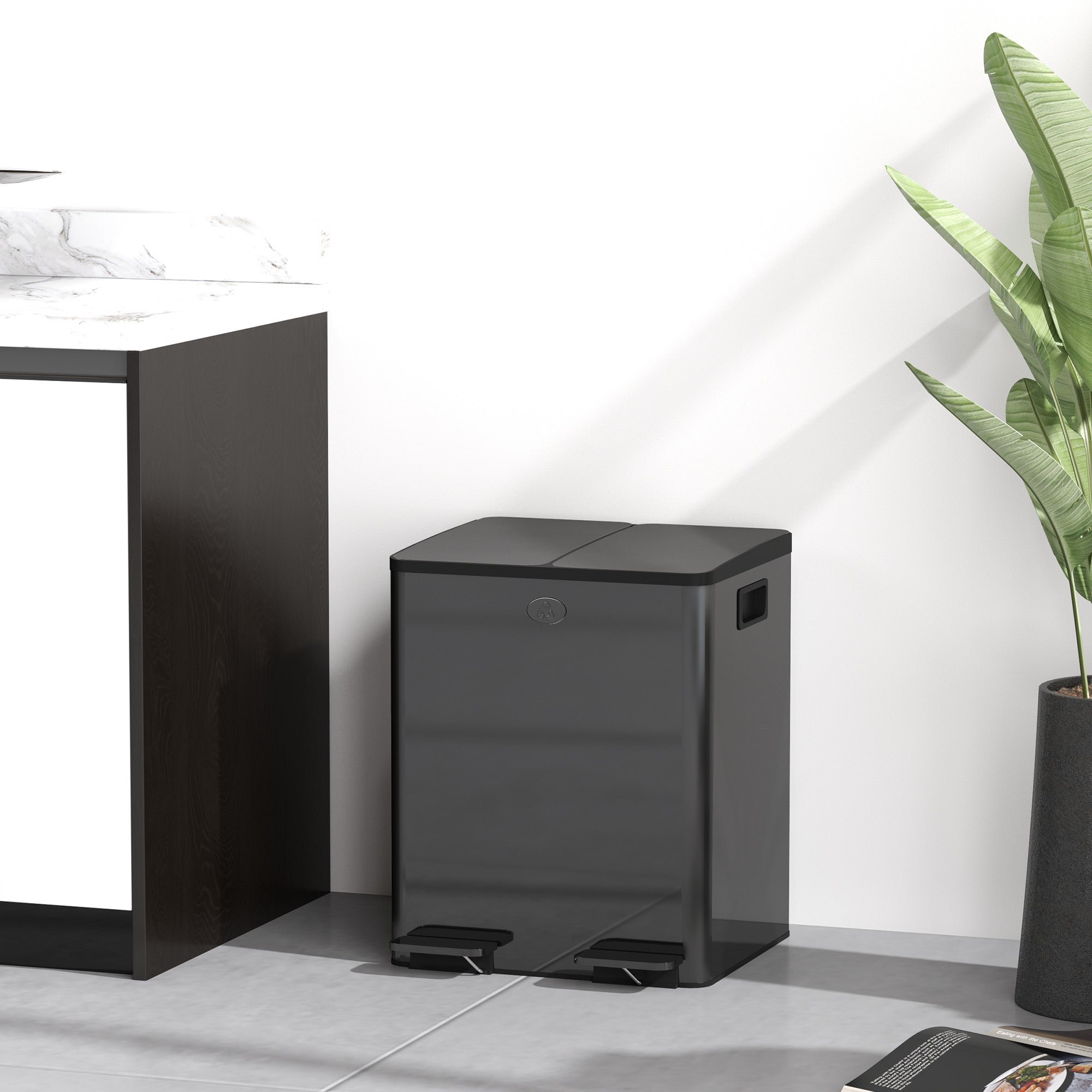 Dual Garbage Bin, Soft-Close Trash Can with Foot Pedal, 2 x 20 Liter Garbage Can with Removable Inner Buckets, Black