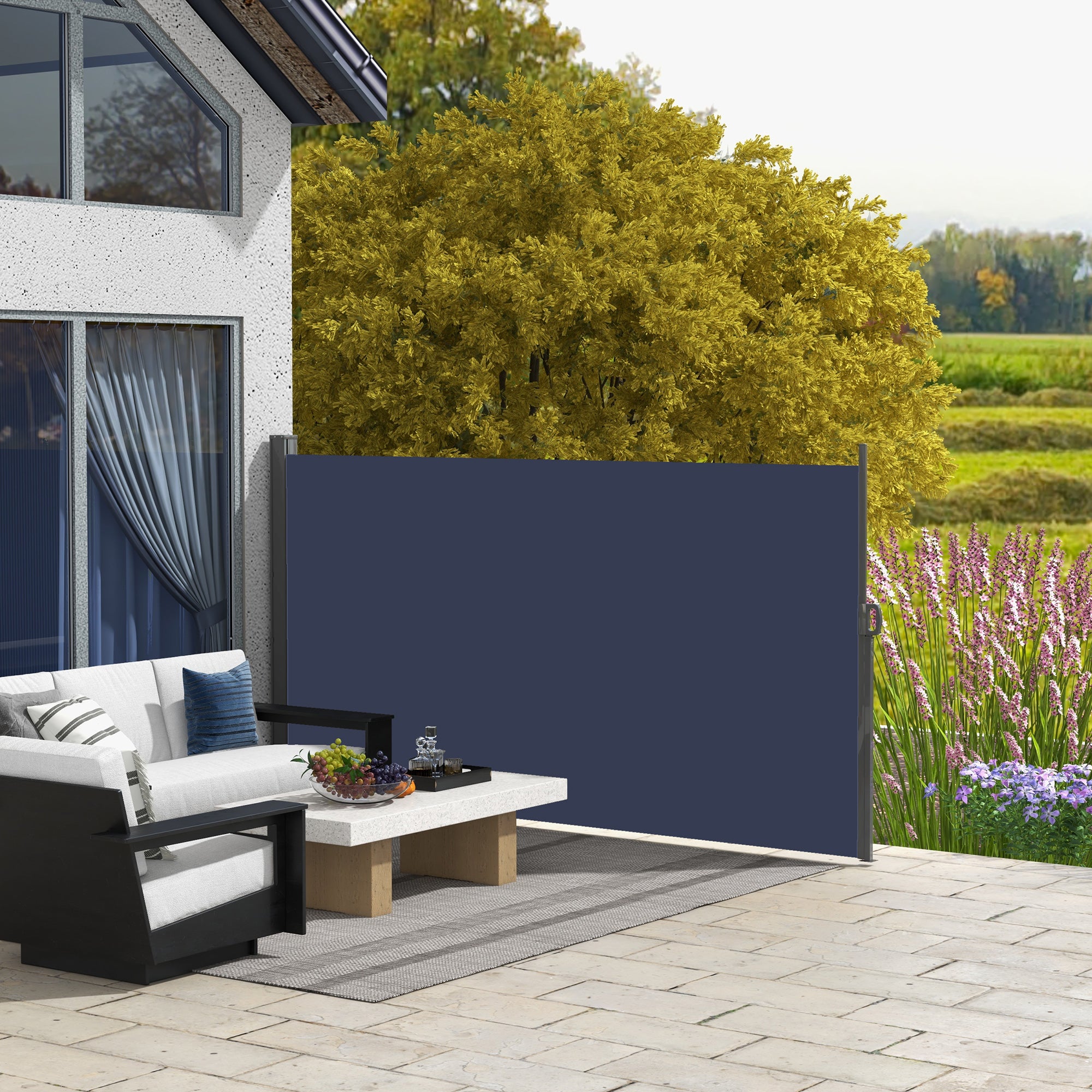 118" x 63" Outdoor Folding Privacy Screen Retractable Side Awning Patio with Resistance to UV Rays and Wind Dark Blue